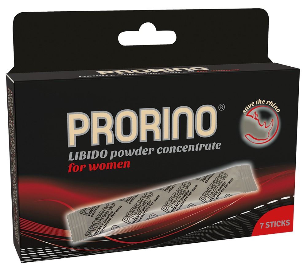 Zwarte verpakking met productnaam en logo. Bevat 7 sticks. "Libido powder concentrate for women".