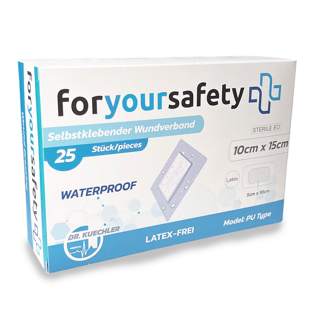 Boîte de 25 pansements imperméables. Inscription : foryoursafety, 10x15cm, sans latex. Marque : Dr. Kuechler.