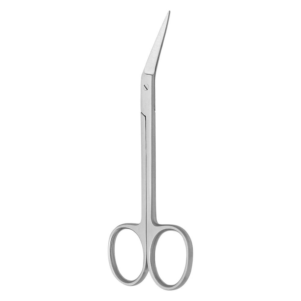 Ciseaux à peau incurvés, en acier inoxydable. Longs manches fins avec anneaux ronds. Pointe biseautée.