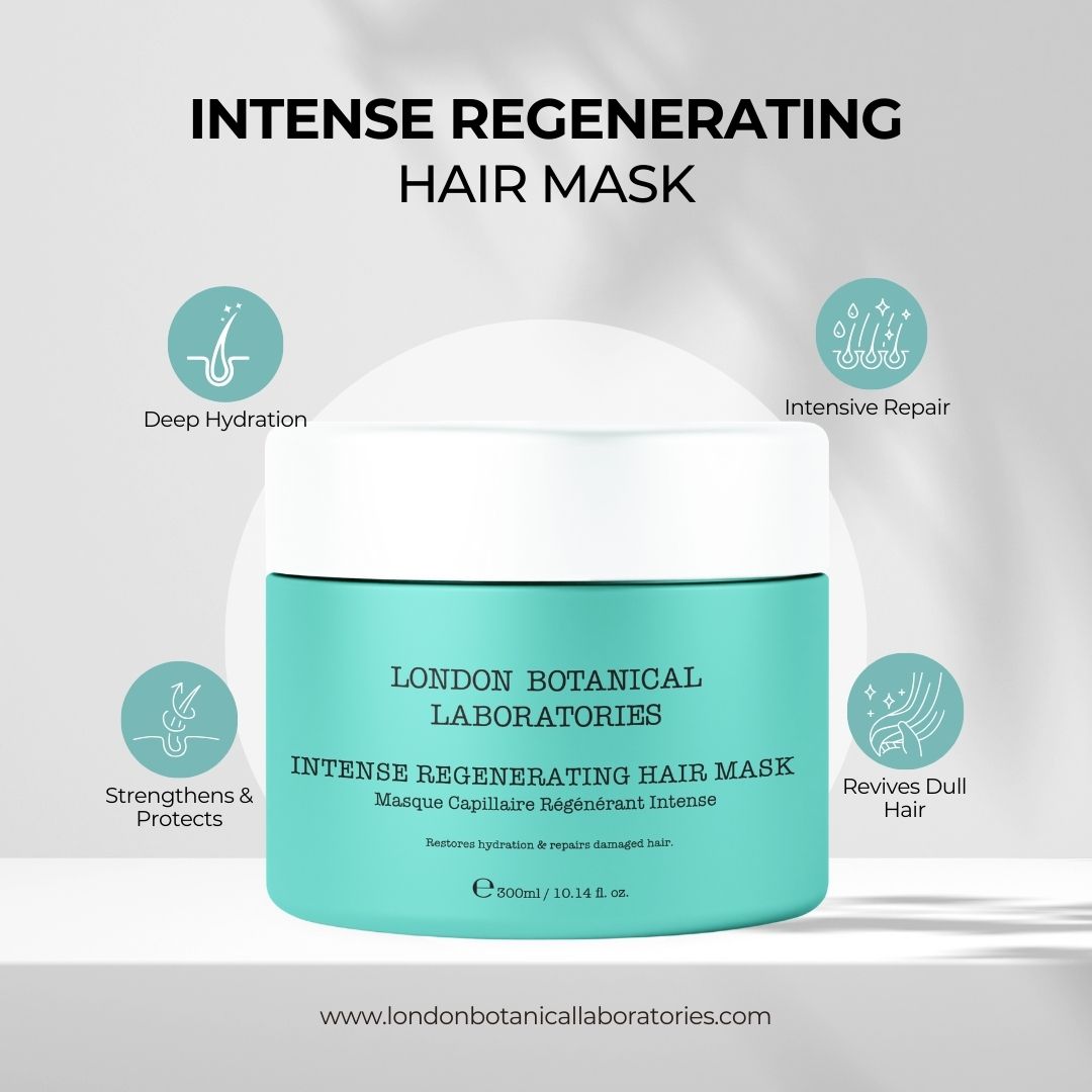 Pot turquoise à couvercle blanc. Texte: Intense Regenerating Hair Mask. Icônes avec texte: Deep Hydration, Intensive Repair, Revives Dull Hair.