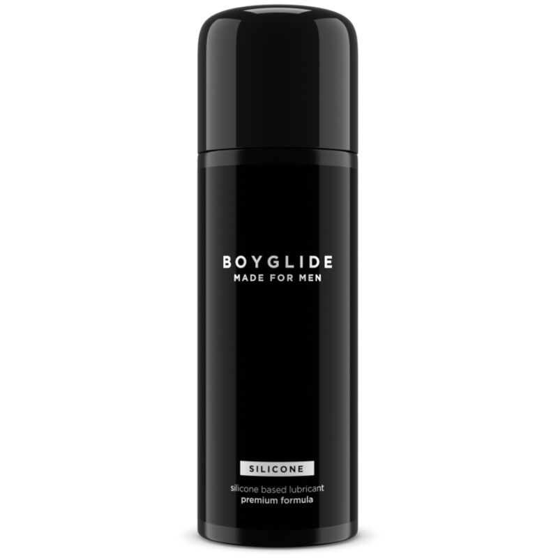 Zwarte fles met BOYGLIDE-logo en SILICONE-opschrift. Tekst: silicone based lubricant premium formula.