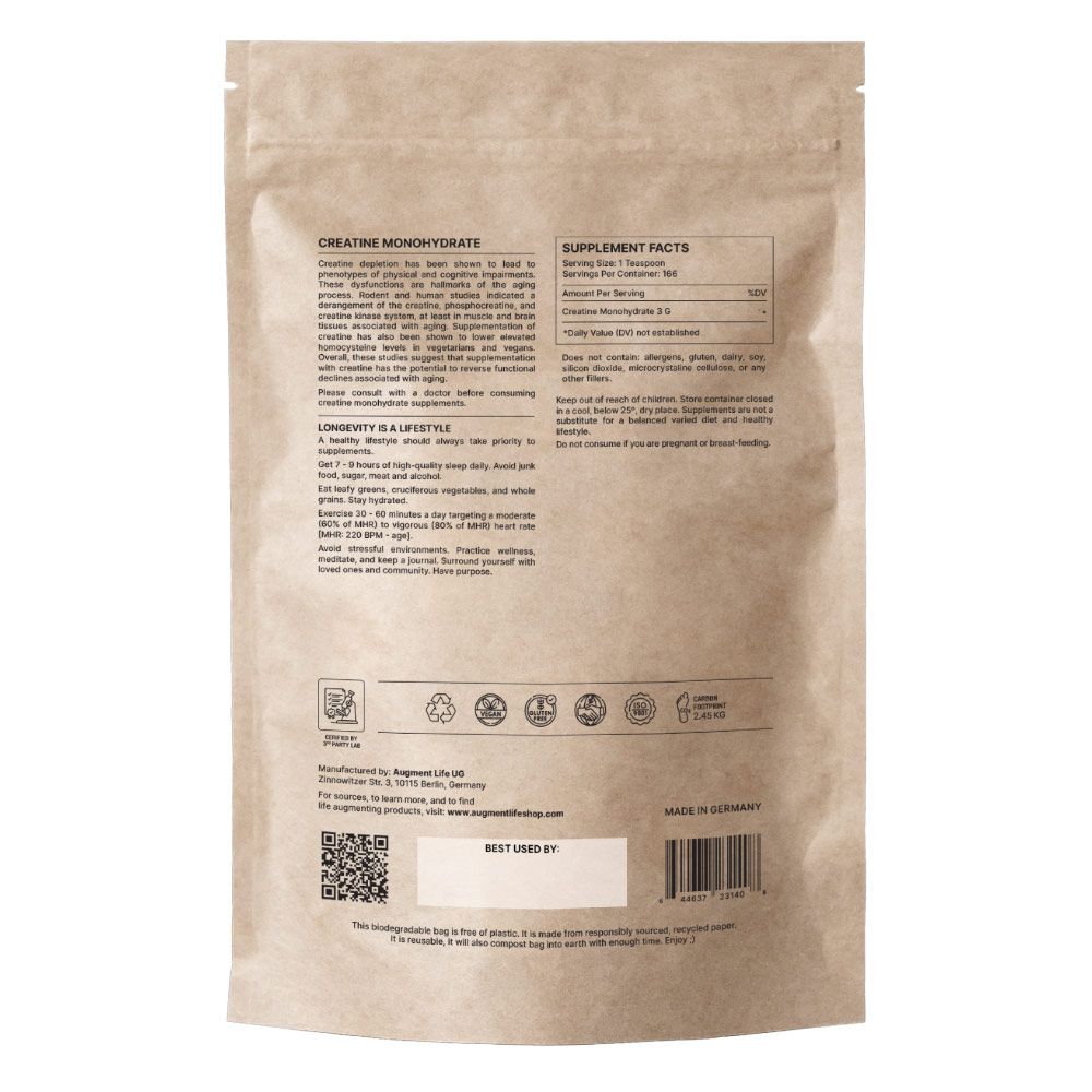 Sac en papier brun avec informations nutritionnelles et détails du produit pour le monohydrate de créatine.
