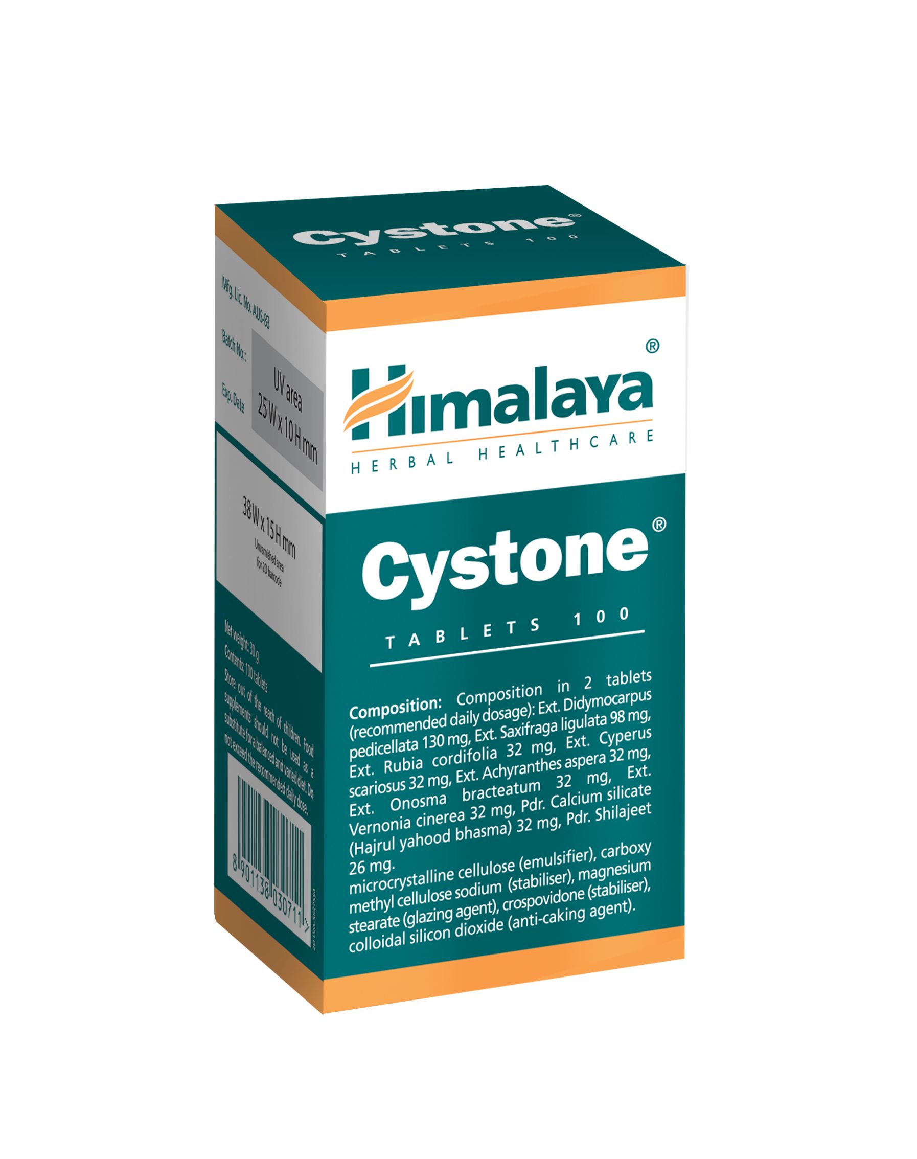 Cystone Himalaya 100 comprimés avec liste détaillée des ingrédients.