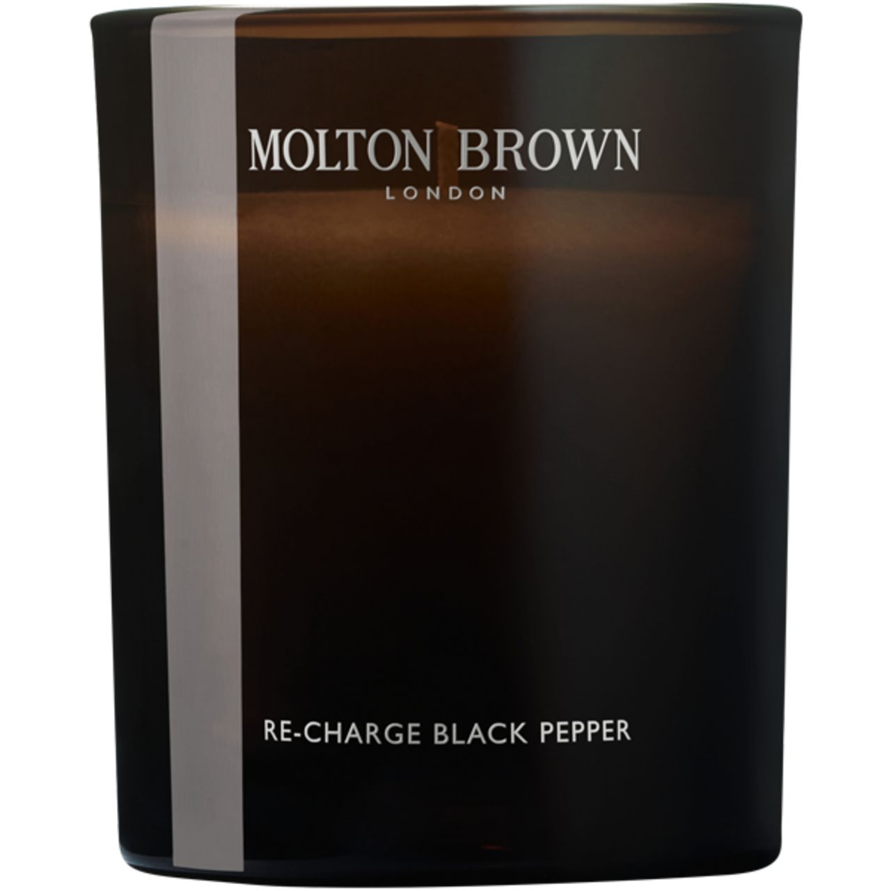 Molton Brown Re-Charge Black Pepper geurkaars in donkere glazen houder.