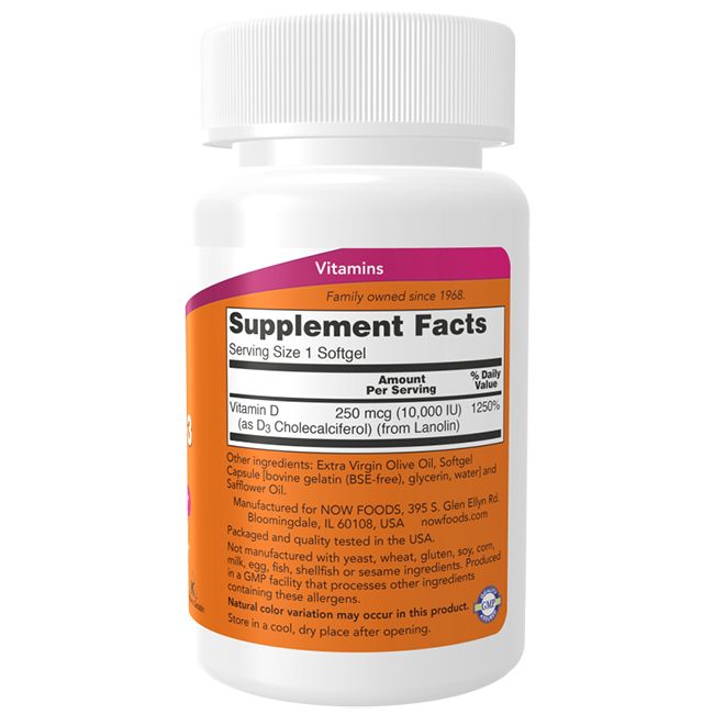 Witte fles met oranje etiket. Opschrift: Supplement Facts, vitamine D. Bevat 120 softgels.