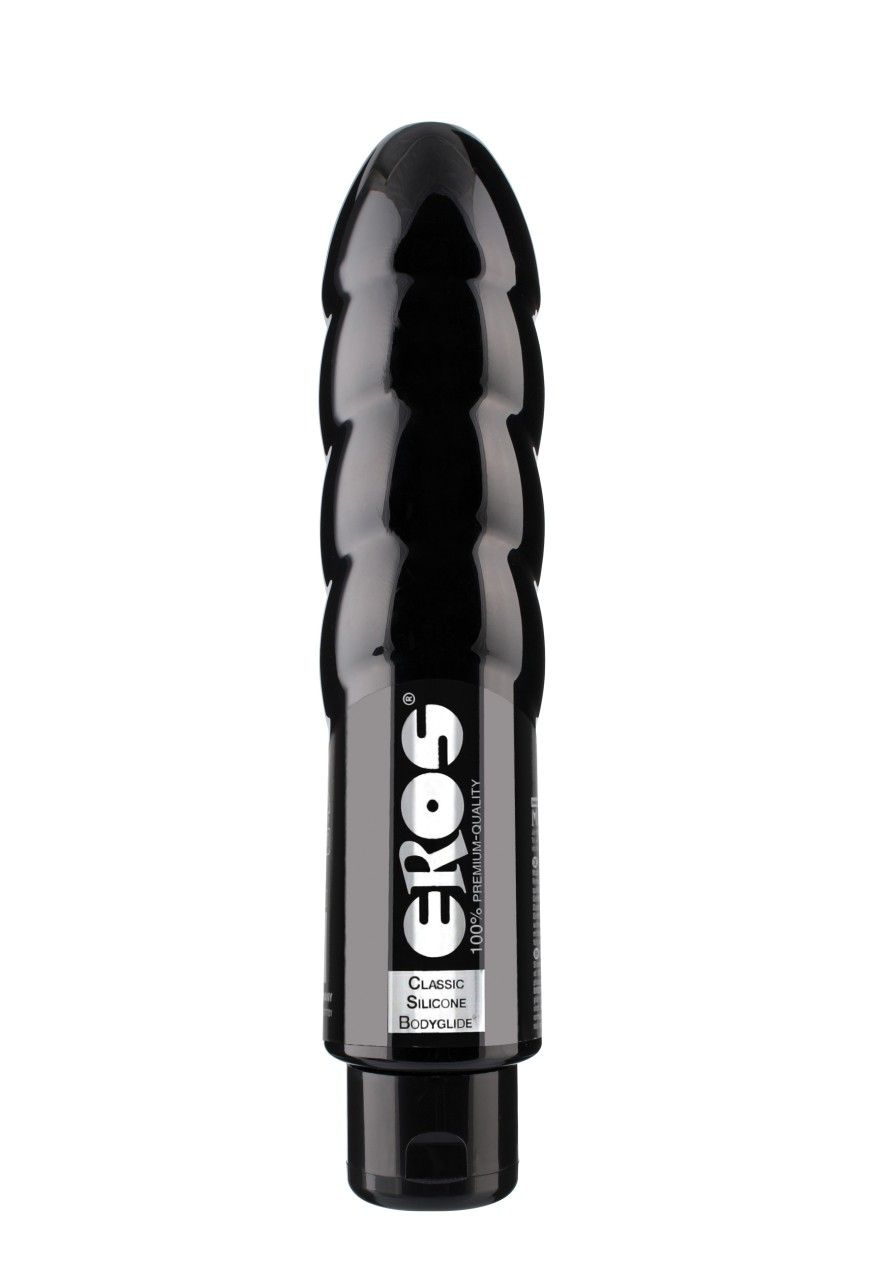 Zwarte Bodyglide met geribbelde kop en EROS-logo. Klass silicone.