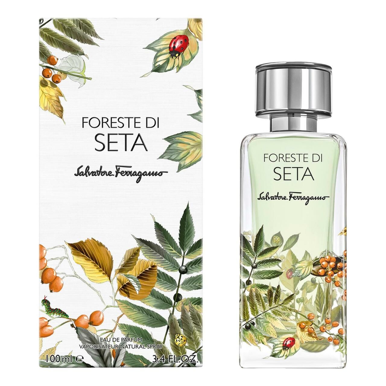 Flacon et emballage avec motif floral. Inscription : Foreste di Seta, Salvatore Ferragamo. 100 ml.