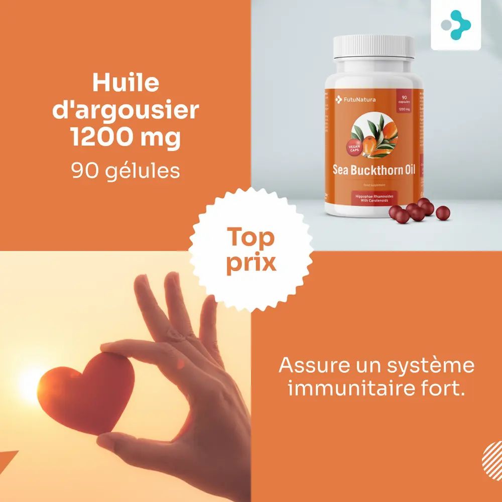Flacon de Sea Buckthorn Oil et gélules. Main tenant un cœur rouge. Texte: Huile d'argousier 1200 mg, 90 gélules. Top prix. Assure un système immunitaire fort.