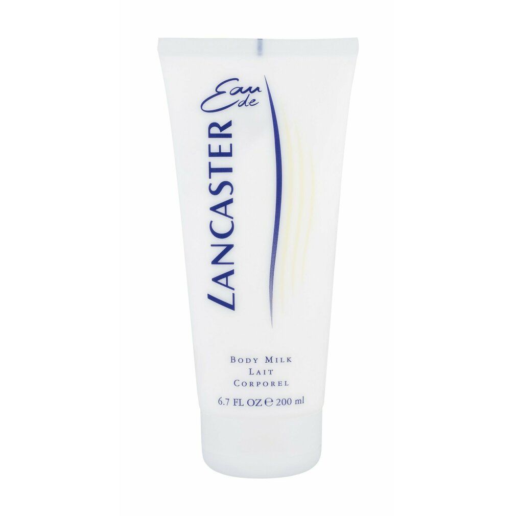 Witte tube met blauwe tekst Lancaster Eau de Lancaster Body Milk. Tekst: 6.7 FL OZ e 200 ml.