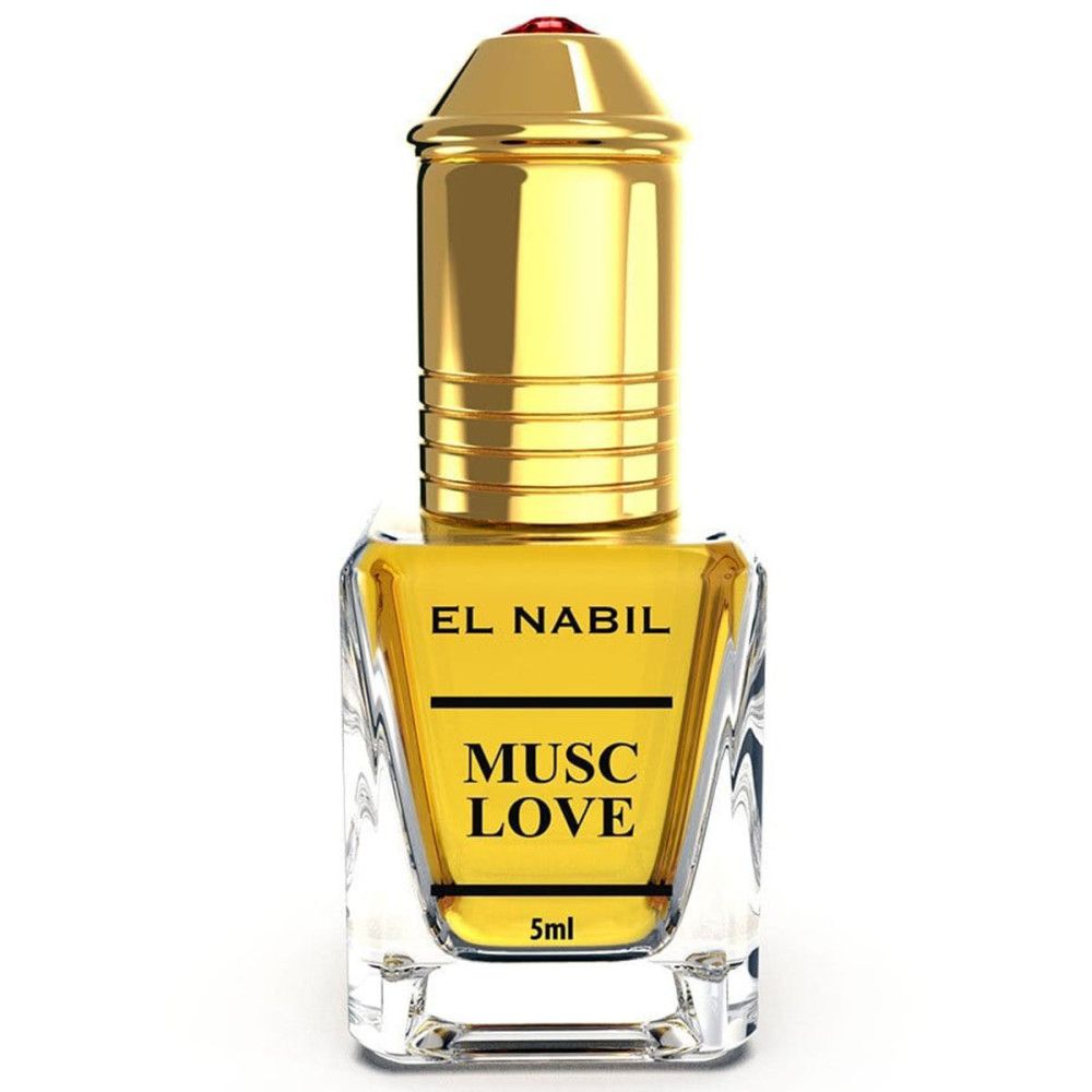 Parfumflesje met gouden dop. Opschriften EL NABIL, MUSC LOVE, 5ml. Transparant glazen flesje, vierkant.