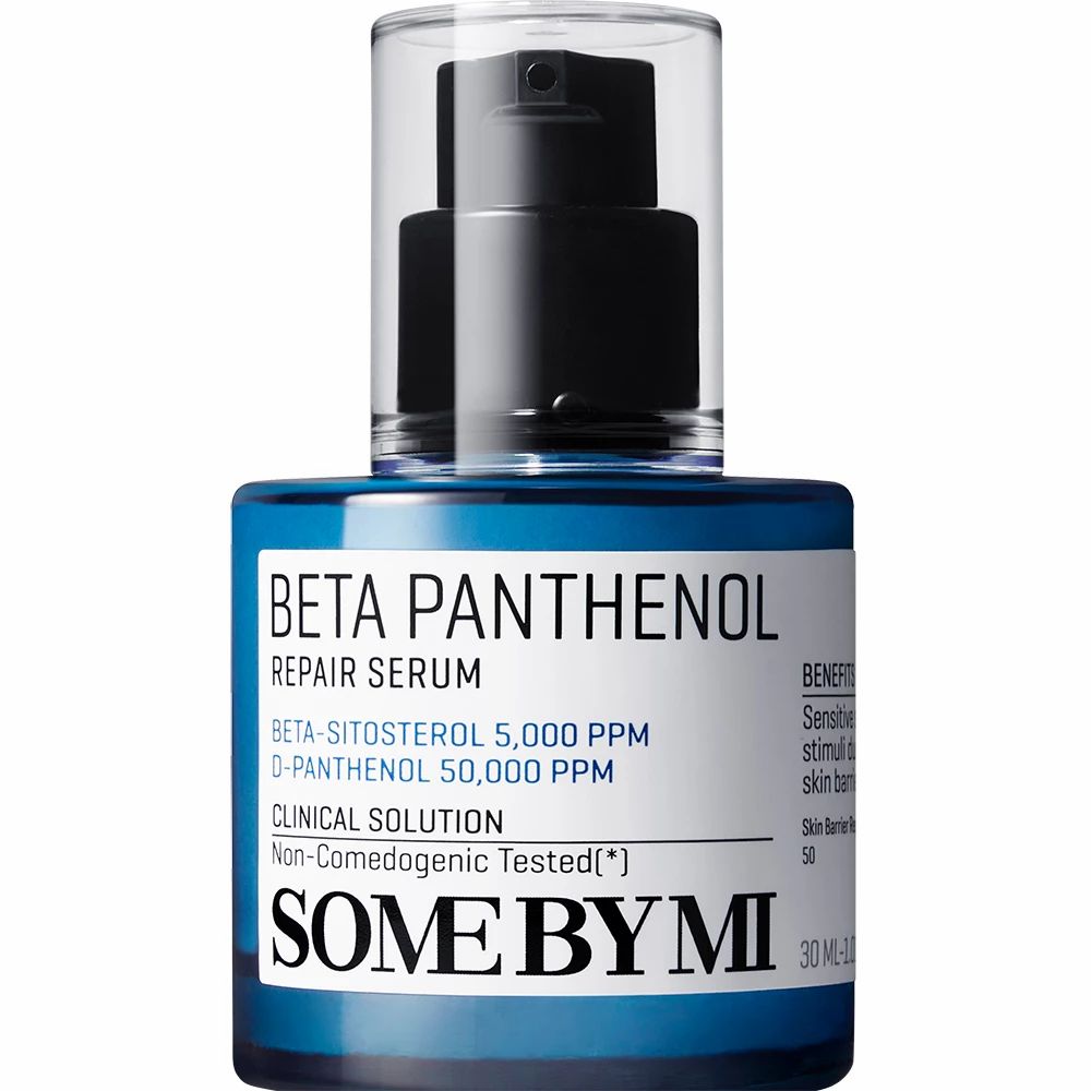 Flacon bleu avec pompe noire. Inscription: Beta Panthenol Repair Serum, SOME BY MI. Inscription: 30 ML.
