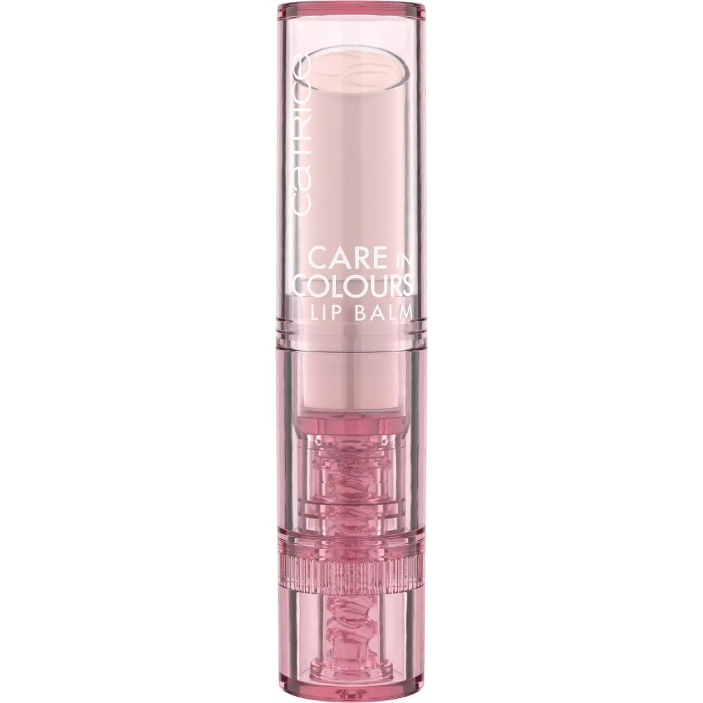 Baume à lèvres Catrice Care In Colours. Emballage transparent, baume rose. Inscription Care In Colours et Lip Balm.