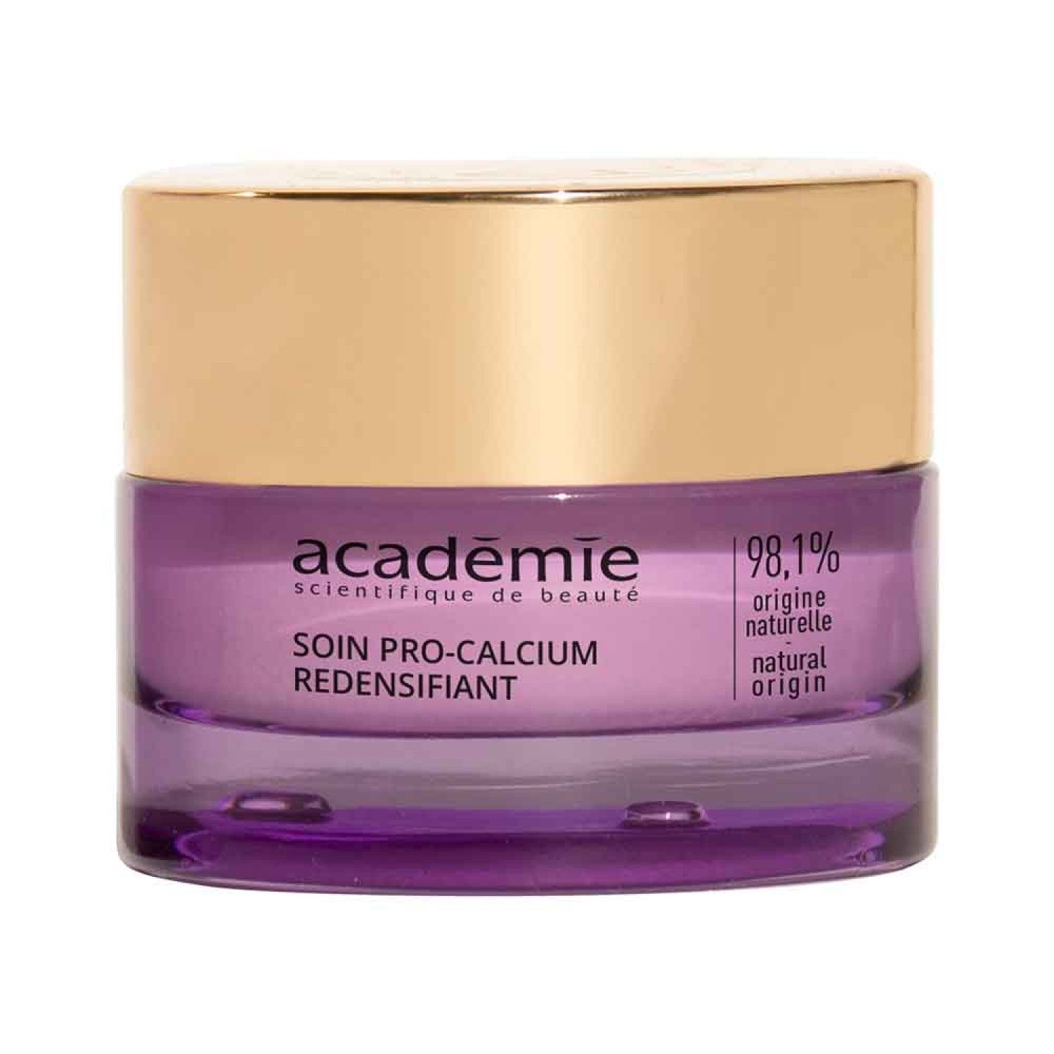 Ronde pot met gouden deksel. Opschrift: Académie, Soin Pro-Calcium Redensifiant. 98,1% natuurlijke oorsprong.