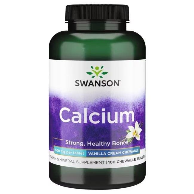 Groene fles met wit etiket. Opschrift "SWANSON Calcium". Bevat 100 kauwtabletten. Smaak vanillecrème.