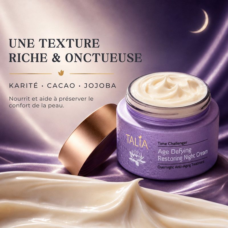 Pot de nuit 'Talia Time Challenger Age Defying Restoring Night Cream' avec texte sur les ingrédients.