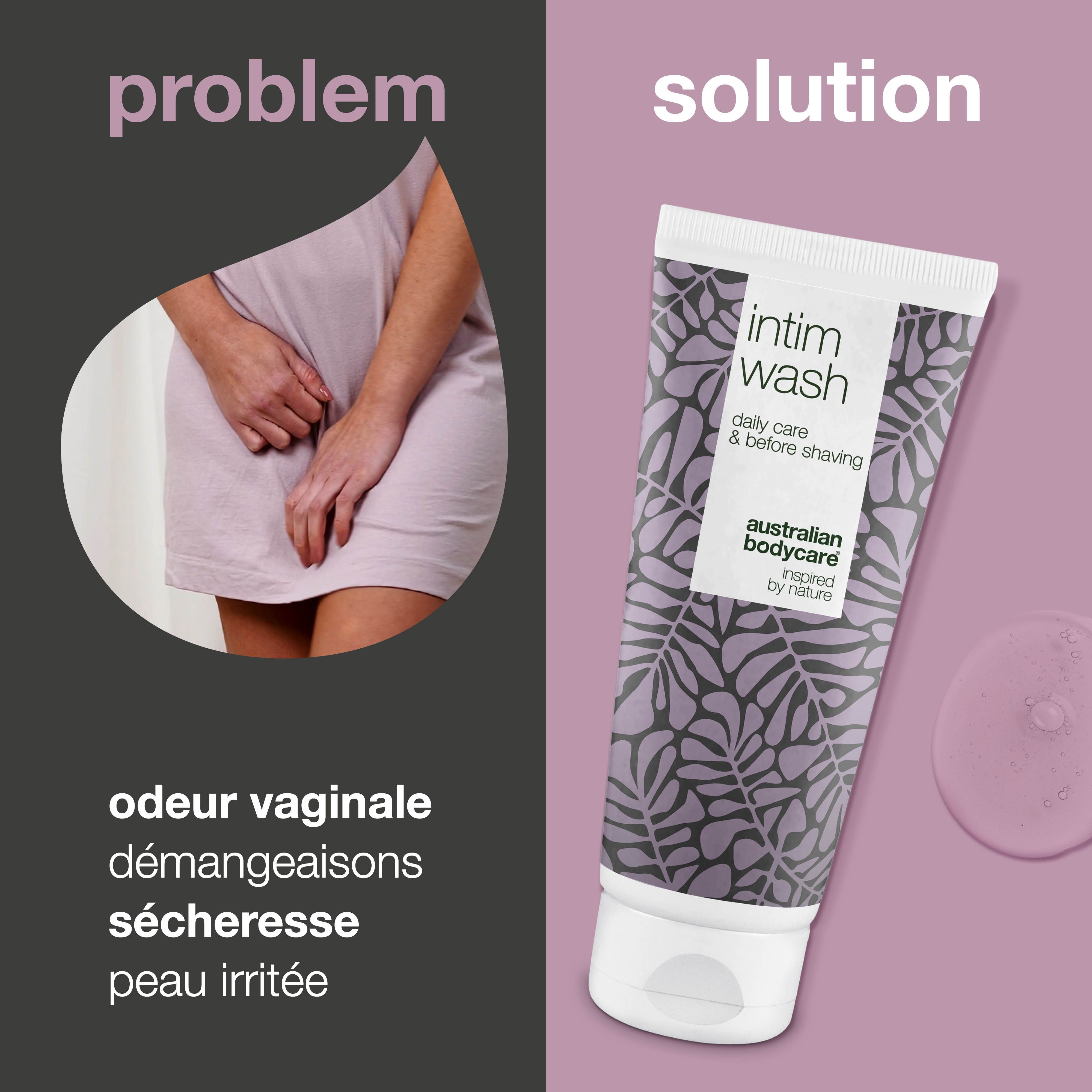 Graphique: problème et solution. Tube de nettoyant intime. Texte: odeur vaginale, démangeaisons, sécheresse, peau irritée.