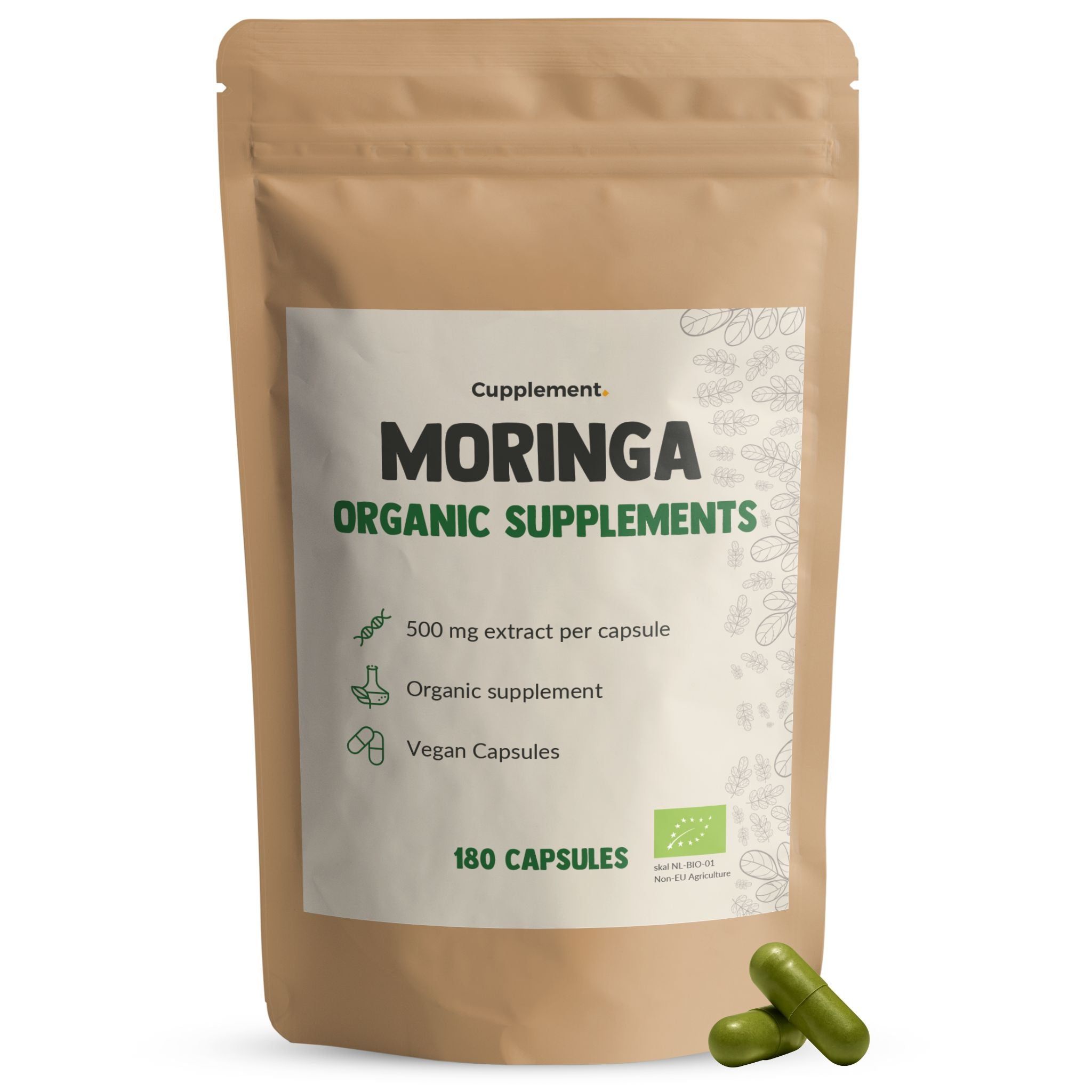 Zakje Cupplement Moringa 500 mg BIO. Bevat 180 capsules. Vegan, biologische certificering.