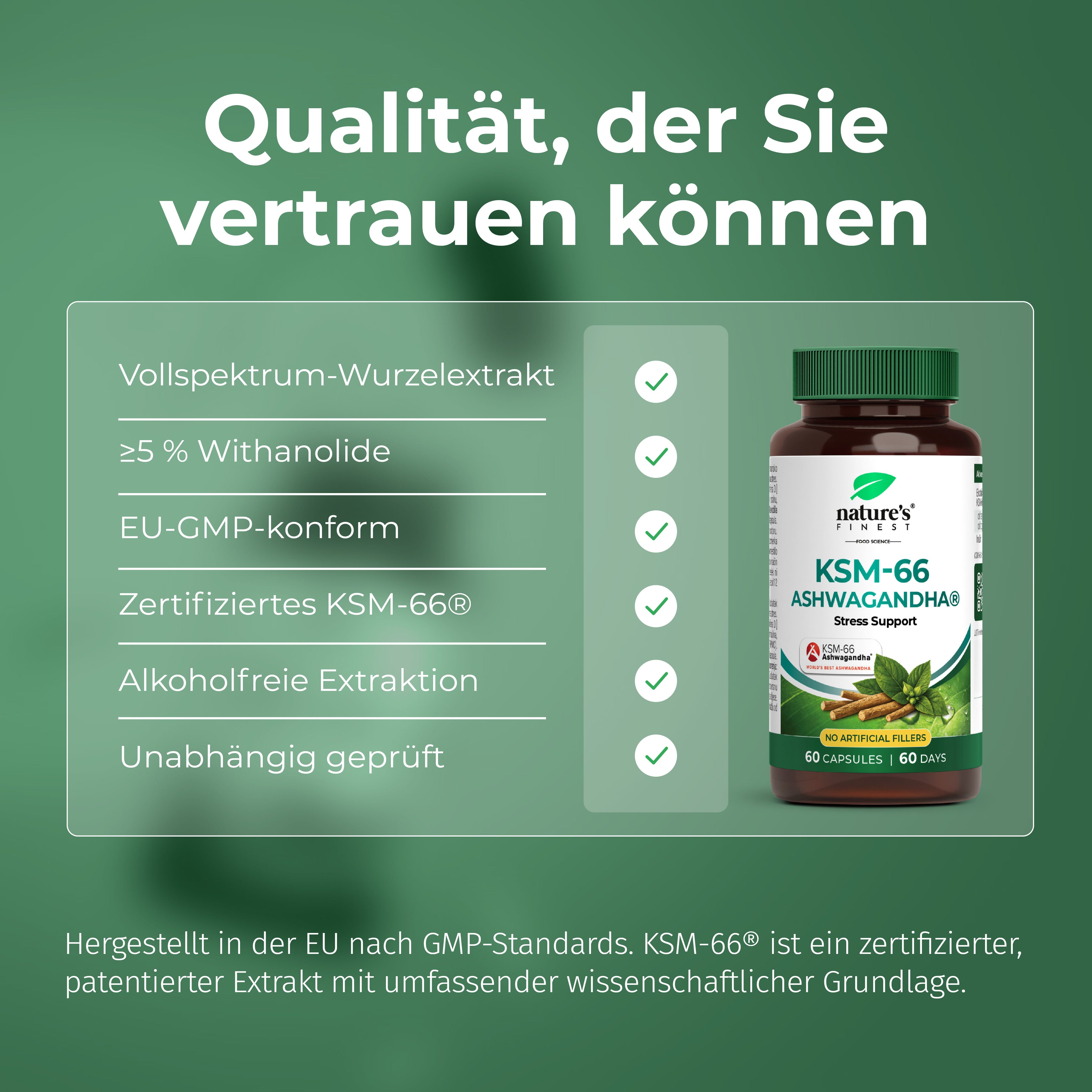 Caractéristiques qualité : Extrait de racine à spectre complet, ≥5% Withanolides, conforme aux BPF de l'UE, KSM-66® certifié, extraction sans alcool.