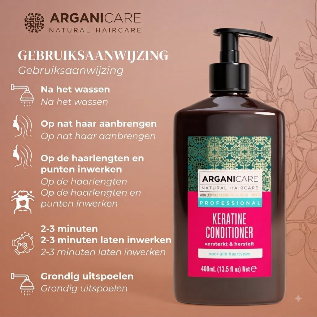 Arganicare Keratin Conditioner fles met gebruiksinstructies.