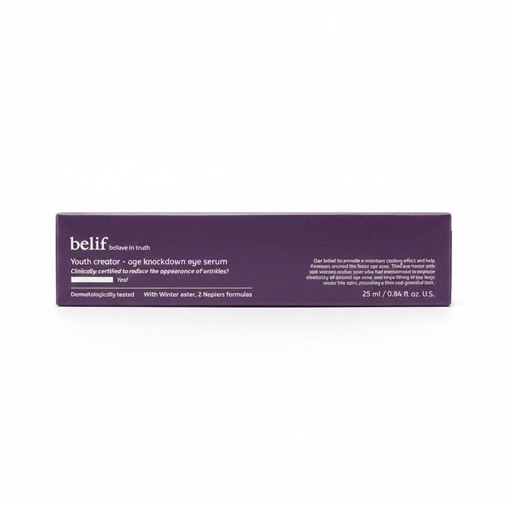 Boîte d'emballage pour crème pour les yeux Belif. Violet avec texte blanc. Contient des informations sur le produit et la taille.