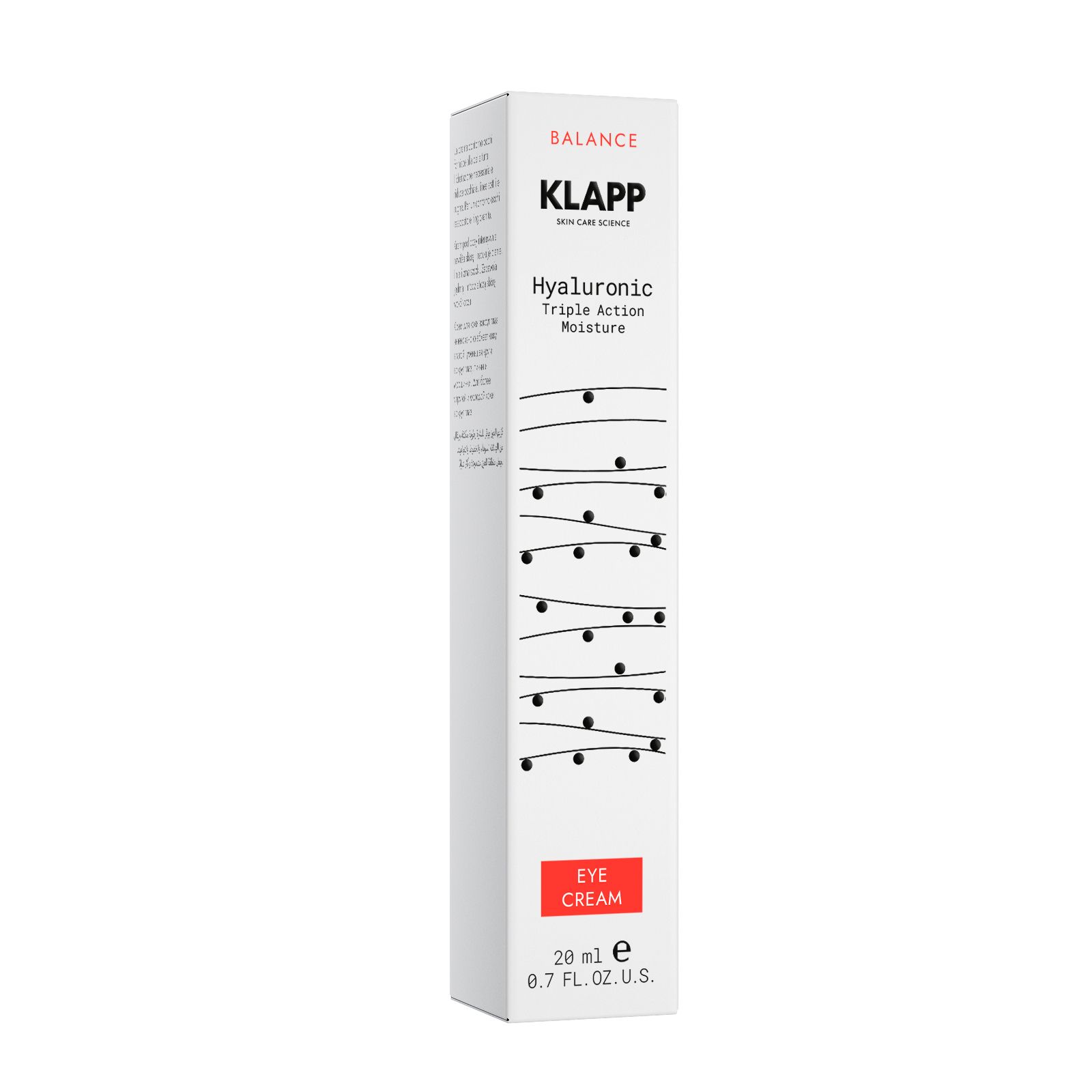 Boîte blanche avec texte noir KLAPP, Hyaluronic Triple Action Moisture. Zone rouge Eye Cream.