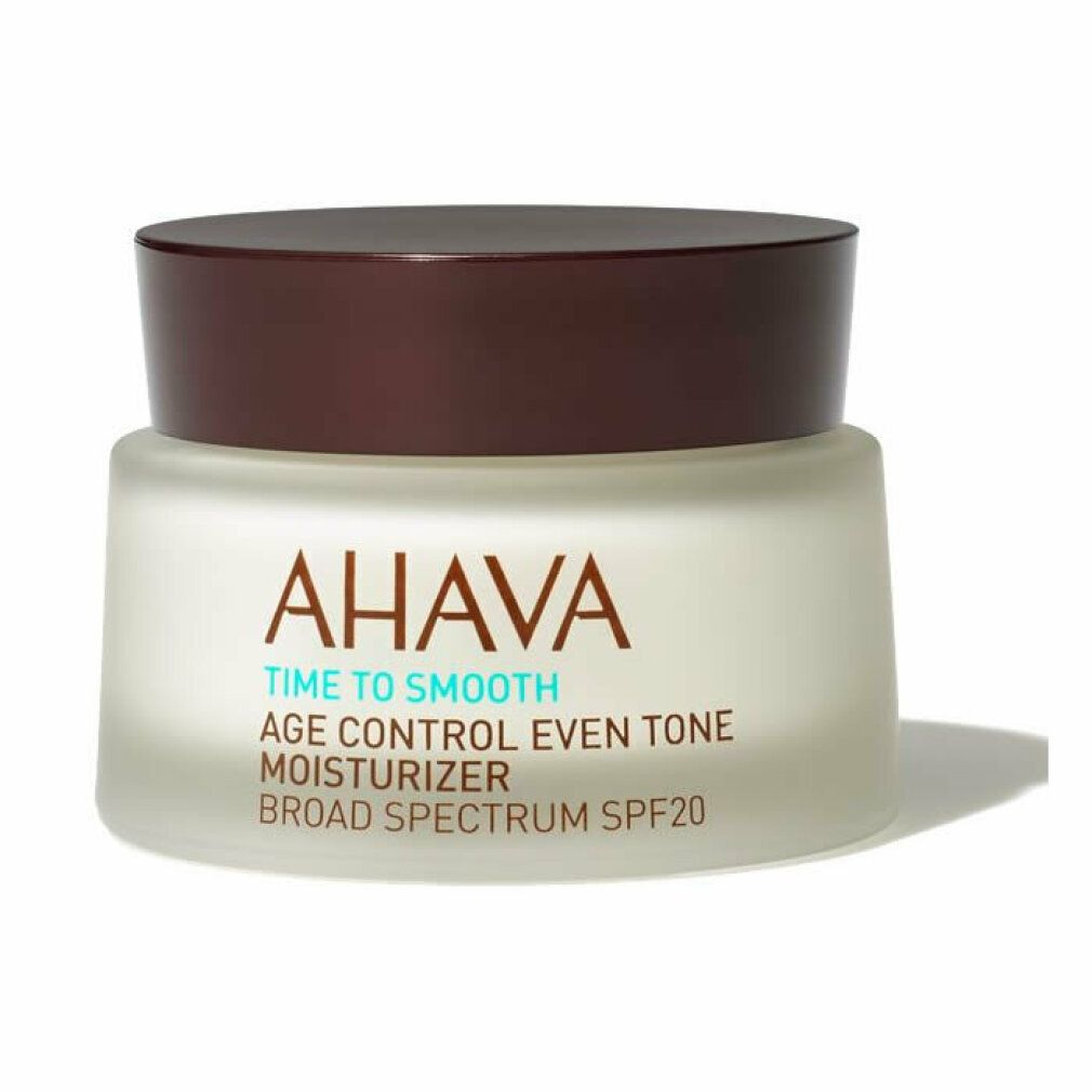 AHAVA Age Control Even Tone Moisturizer SPF 20. Pot en verre avec couvercle marron.