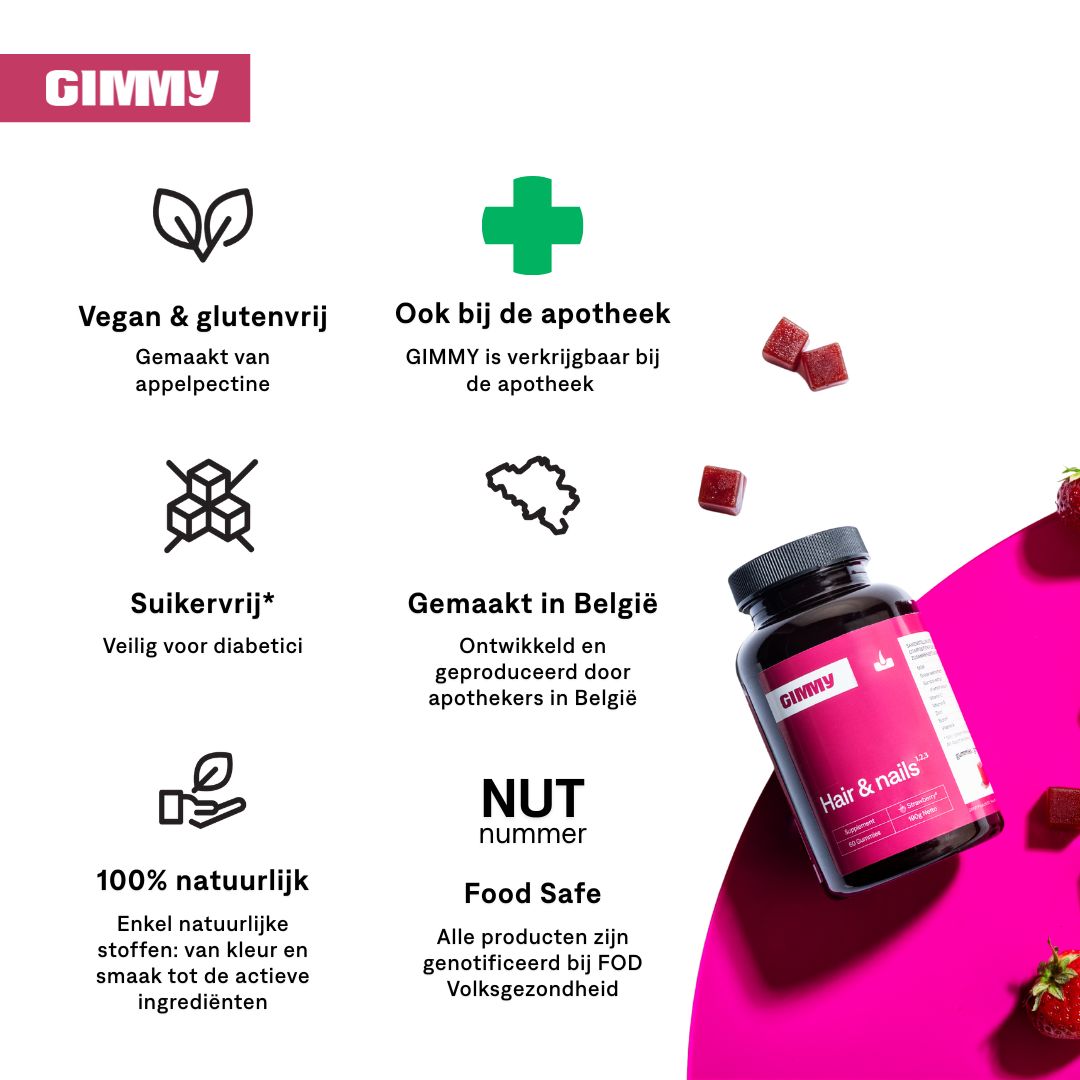 GIMMY Hair & Nails Gummies. Fles met rode gummies. Tekst: Vegan & glutenvrij, suikervrij, 100% natuurlijk, gemaakt in België, Food Safe.