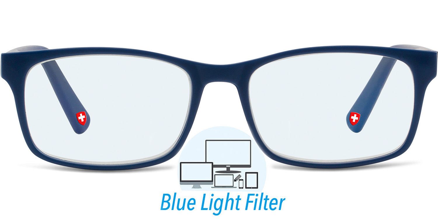 Lunettes bleues à verres rectangulaires. Croix rouge sur les branches. Texte: Blue Light Filter. Écrans graphiques.