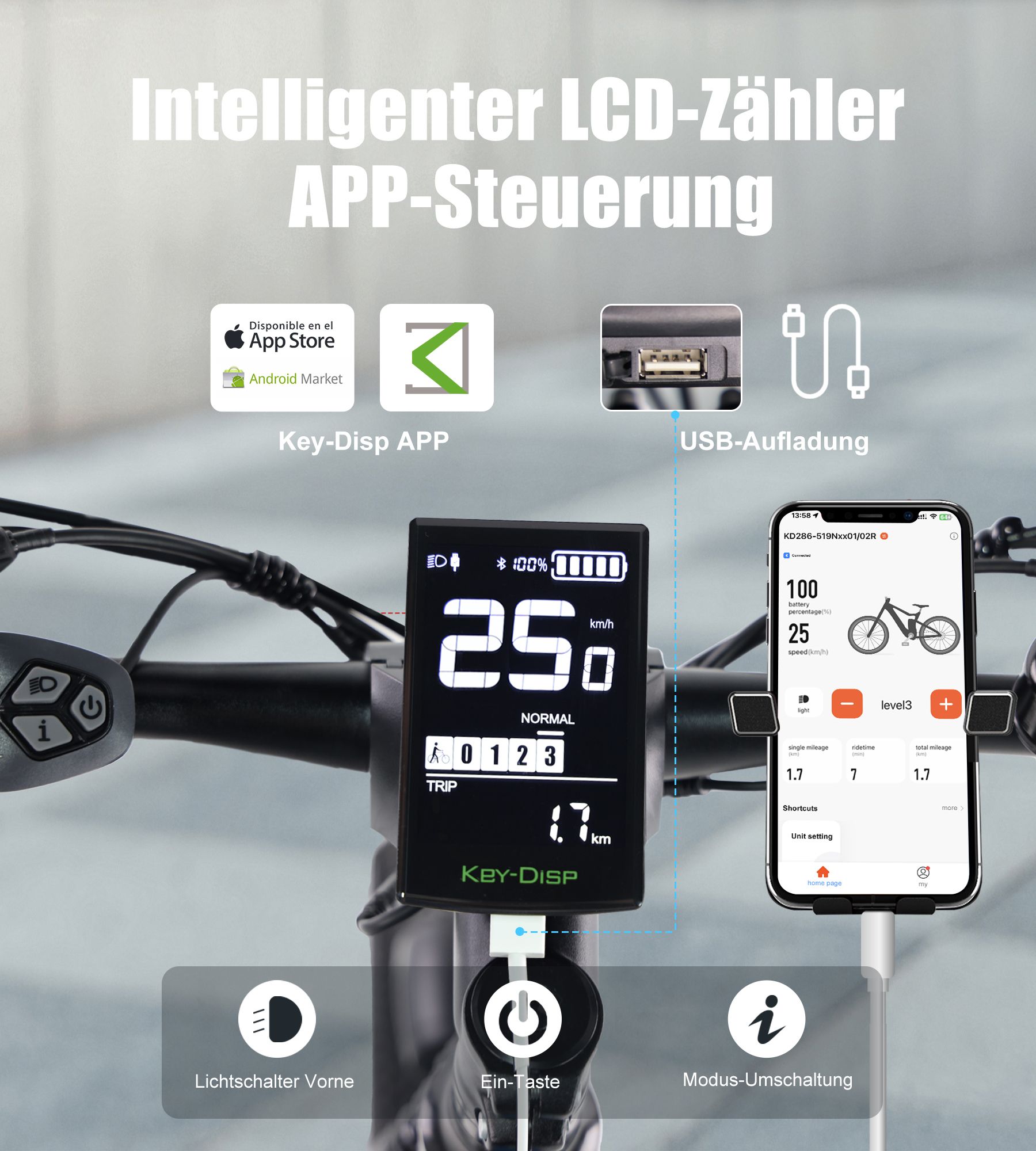 Fietsstuur met LCD-teller en smartphone. LCD toont snelheid, batterij en afstand. Smartphone met app-weergave.