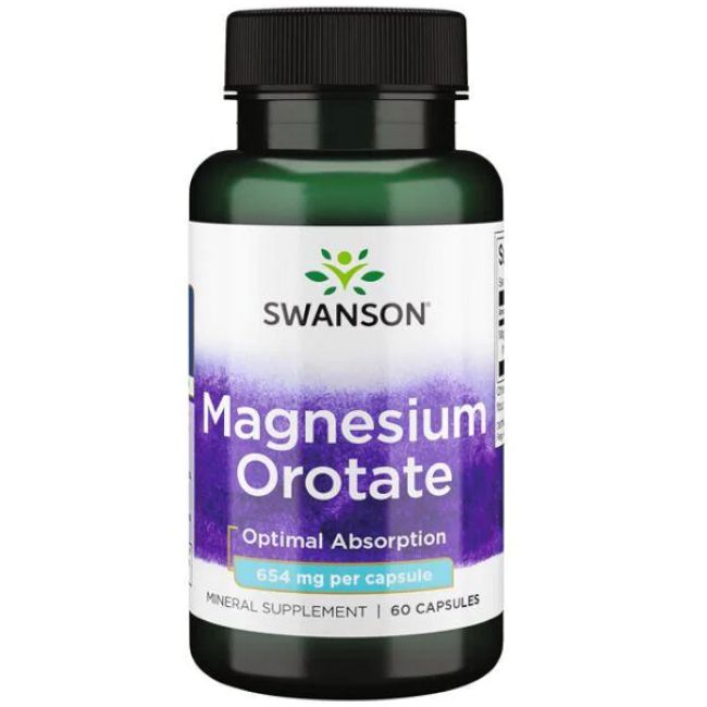 Bouteille verte de capsules de magnésium orotate. Contient 60 capsules.
