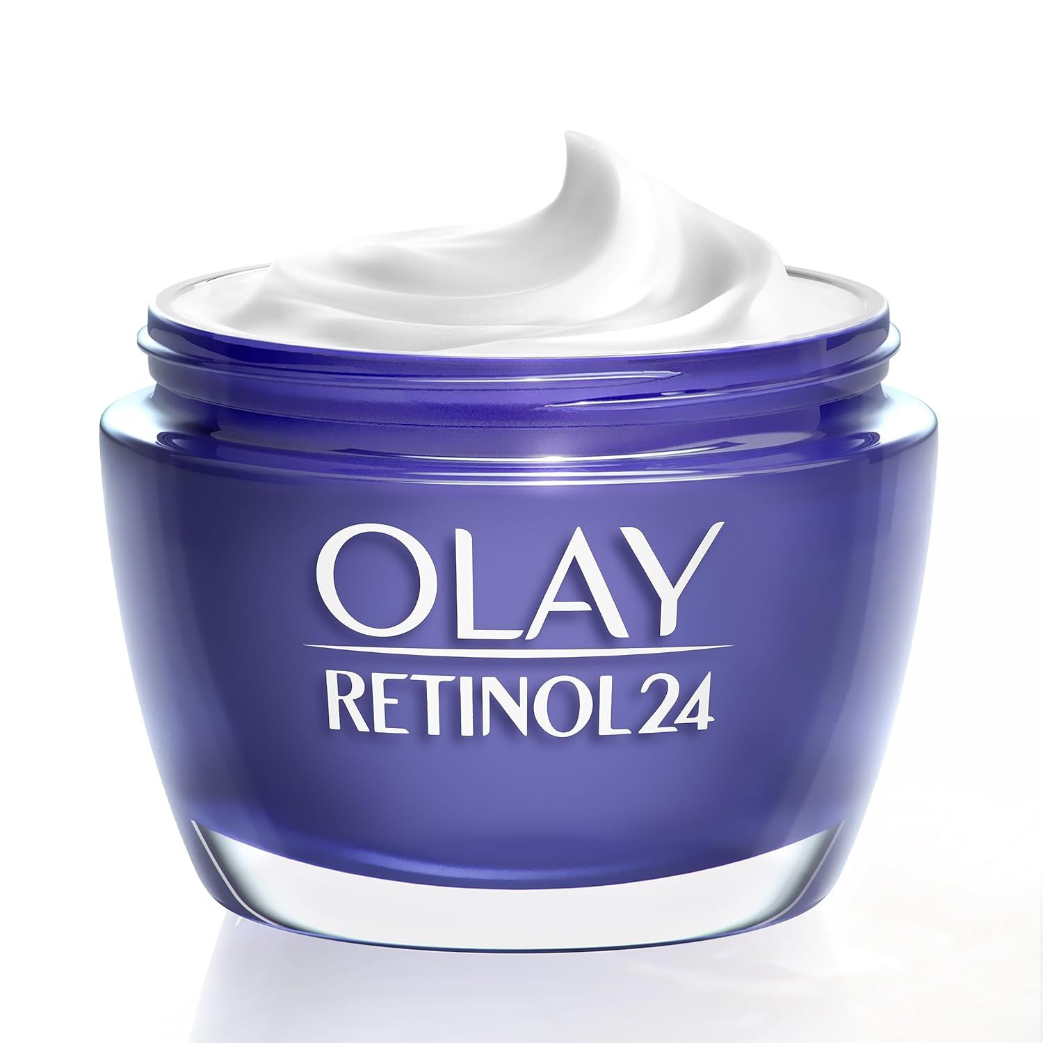 Pot bleu avec crème blanche. Le nom Olay Retinol 24 est visible.