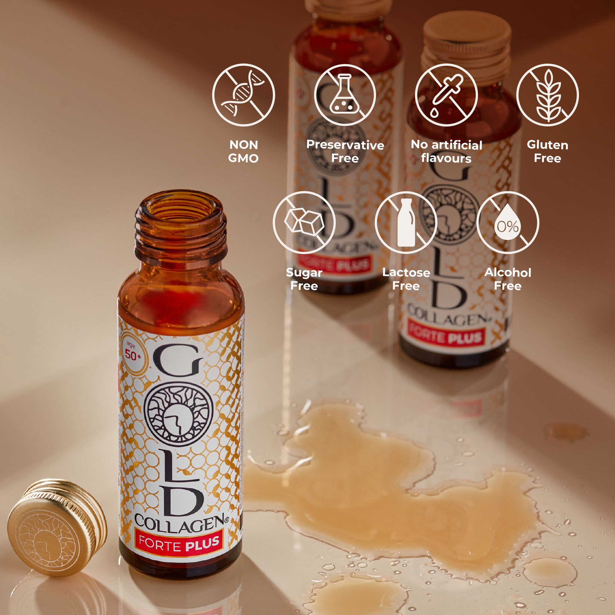 Gold Collagen Forte Plus flesjes. Non-GMO, conserveringsvrij, geen kunstmatige smaakstoffen, glutenvrij.