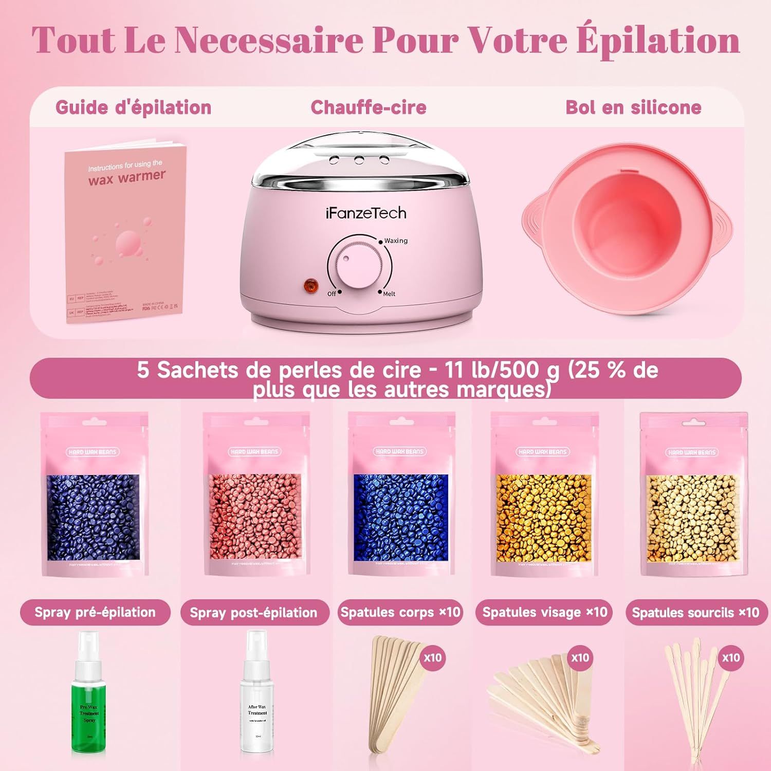 Kit chauffe-cire rose avec perles de cire multicolores, sprays et spatules en bois.
