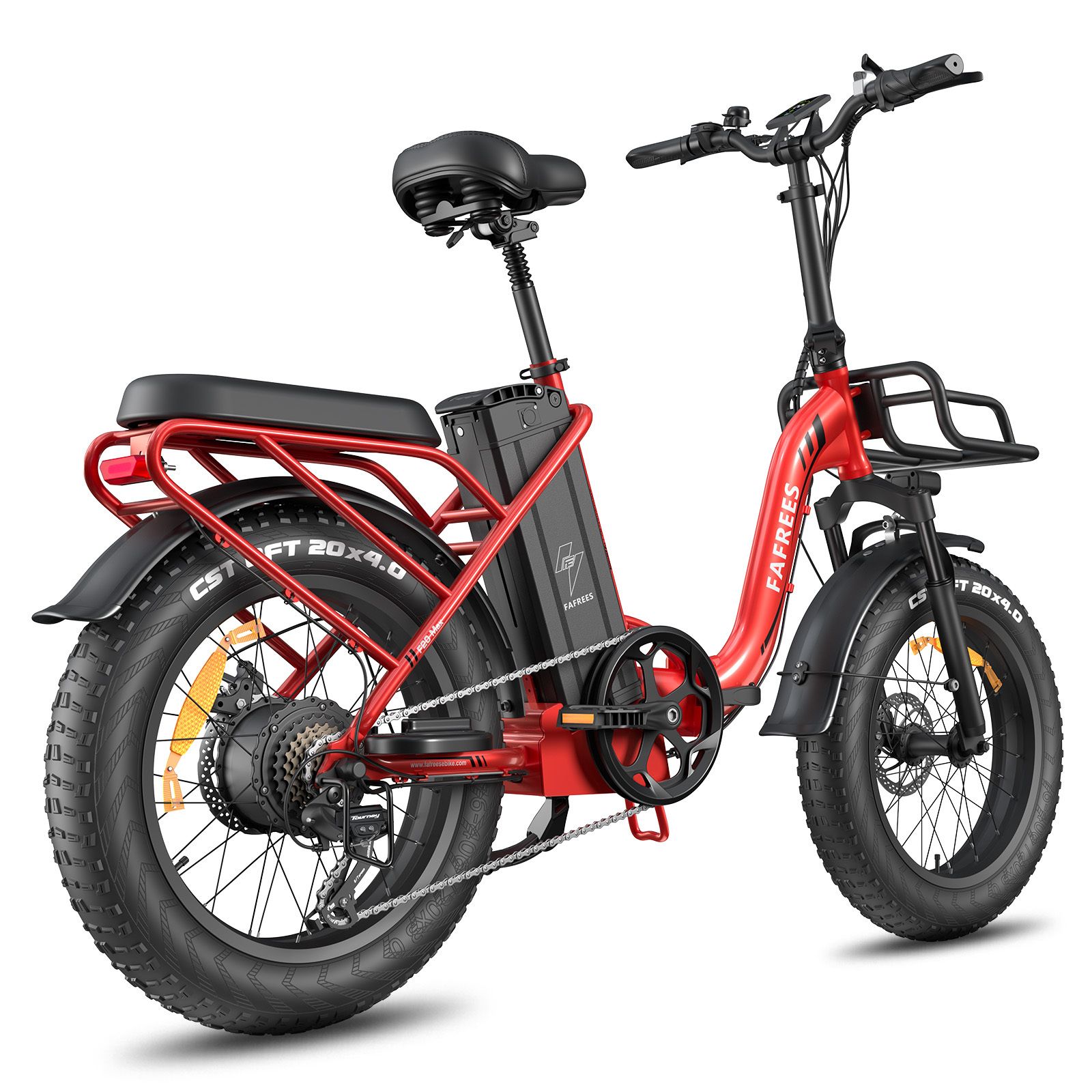 Rode opvouwbare e-bike met zwarte mand, banden en zadel. FAFREES-logo zichtbaar. Met accu en LCD-scherm.