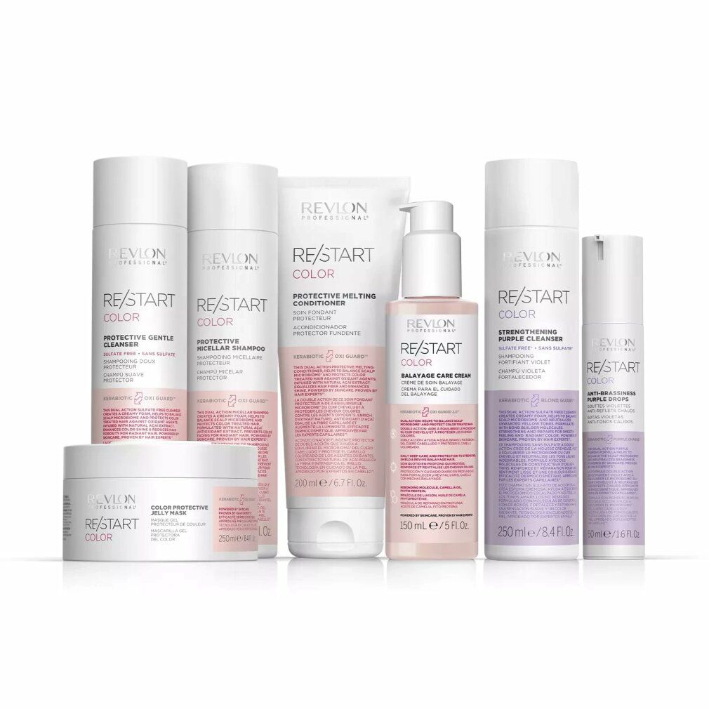 Plusieurs produits Revlon Re-Start Color, dont des shampooings, après-shampooings et crèmes. Tous dans des emballages blanc-rose.
