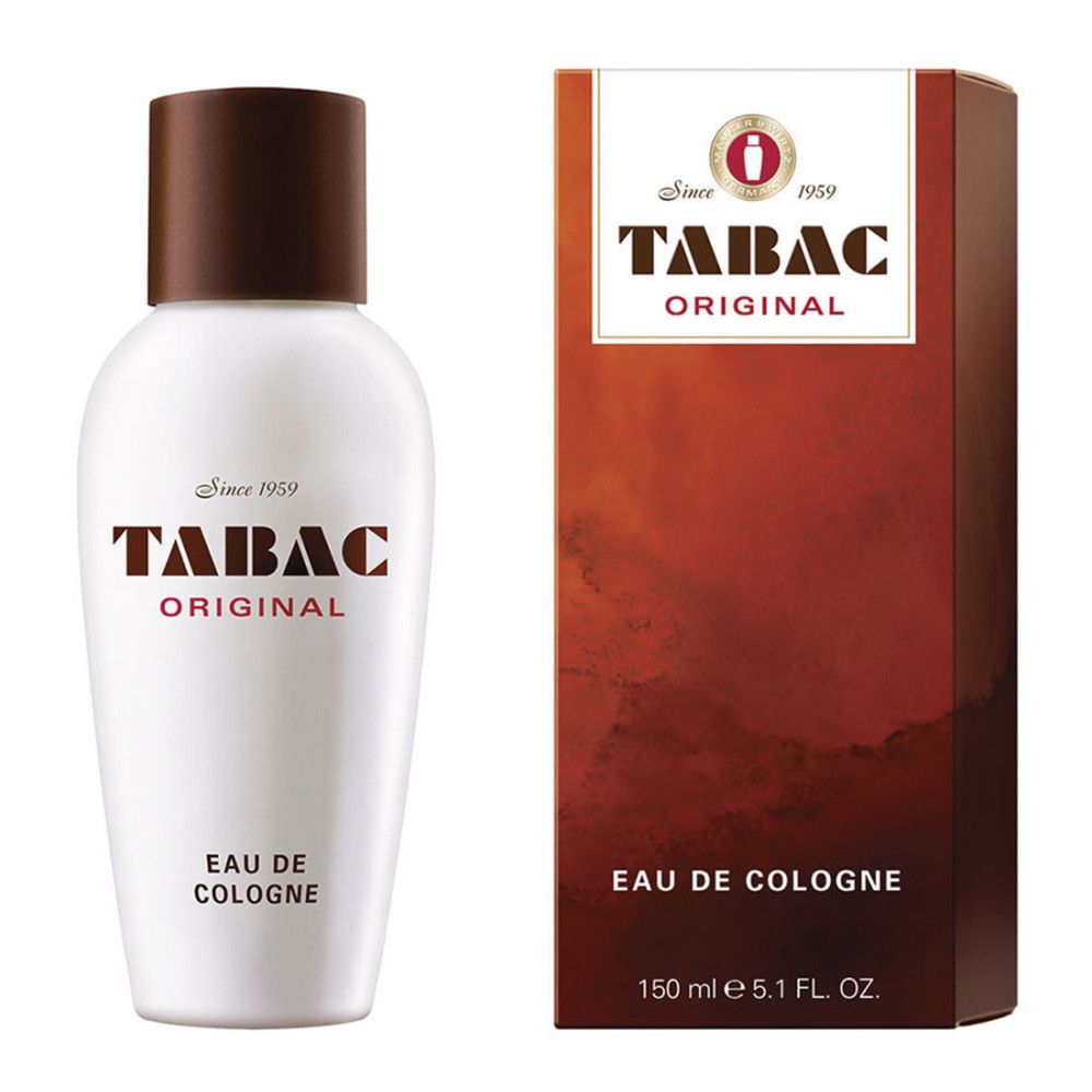 Flacon blanc et bouchon marron. Tabac Original Eau de Cologne et emballage. Emballage rouge et marron avec logo.