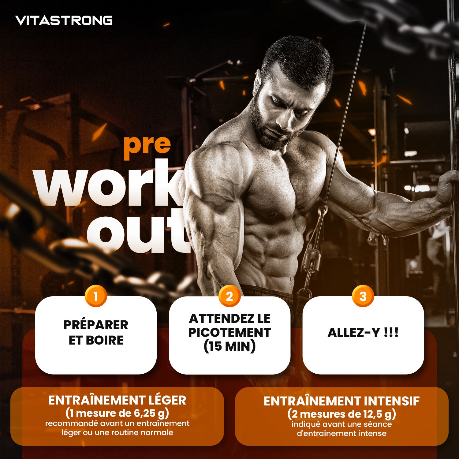 Vitastrong Pre-Workout. Stappen: Bereid, wacht, train. Tekst: Lichte en intensieve trainingen.