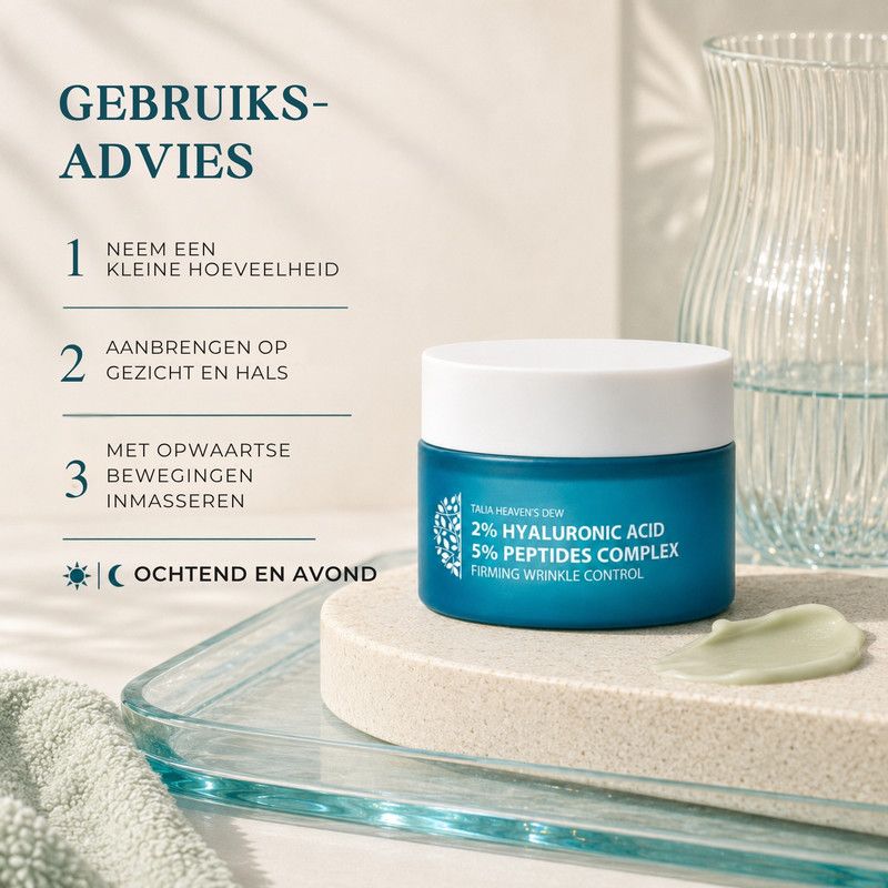 Een potje crème met hyaluronzuur en peptidecomplex, met iconen voor hydratatie, gladheid en stevigheid.