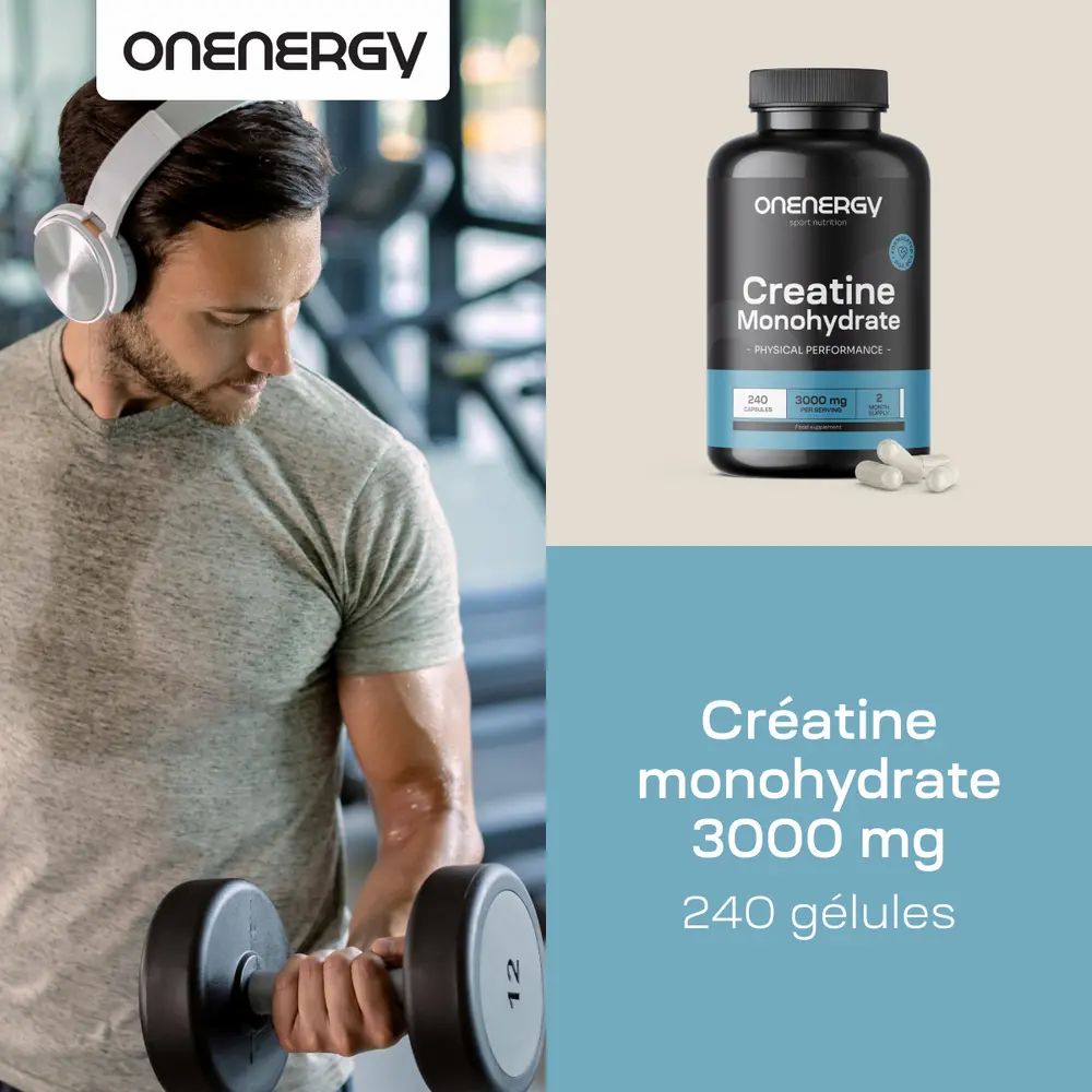 Homme avec casque et haltère. Flacon de Créatine monohydrate. Texte : Créatine monohydrate 3000 mg, 240 gélules.