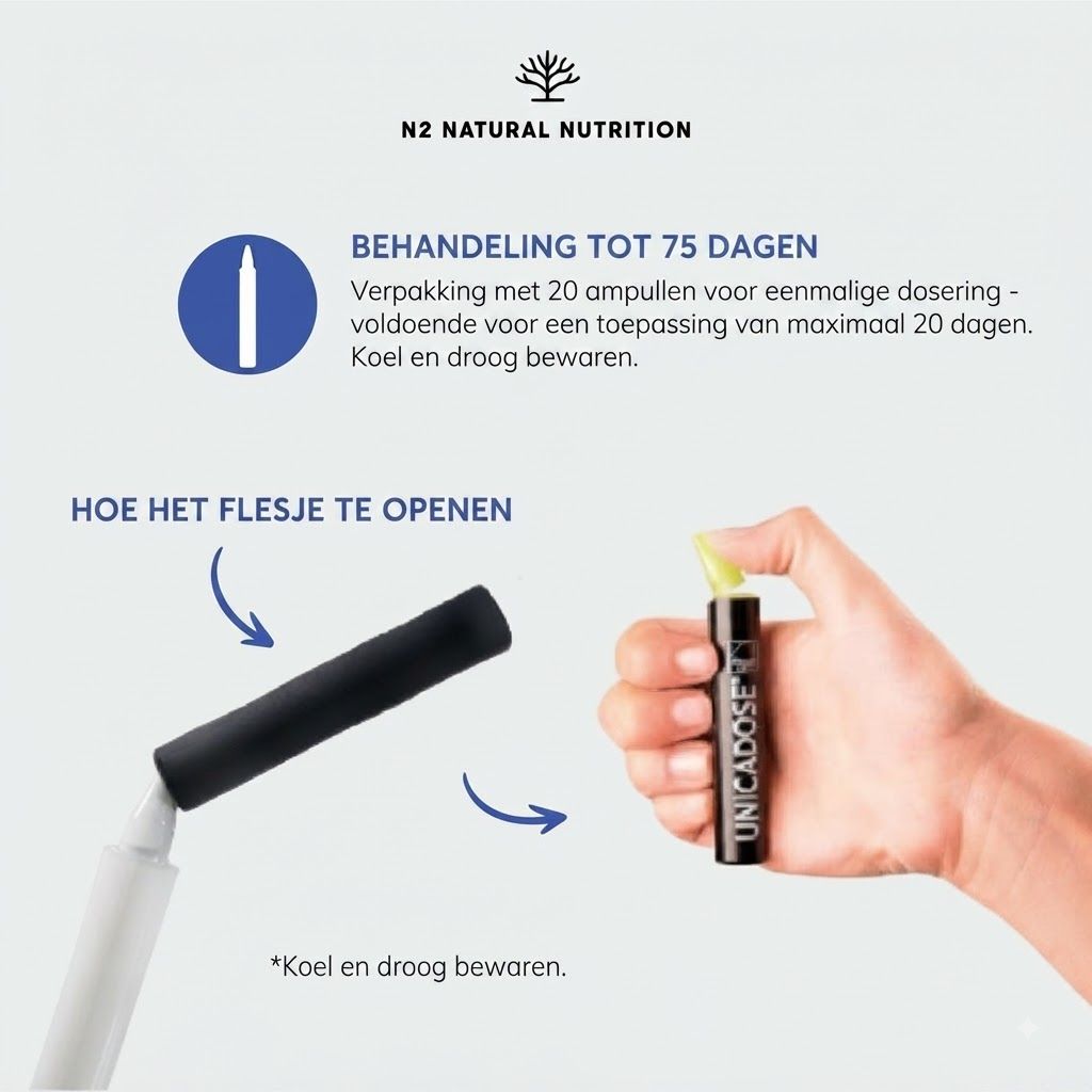 N2 Natural Nutrition: Een hand houdt een kleine ampul met de tekst UNICADOSE vast. Een openingsinstructie toont een handvat.