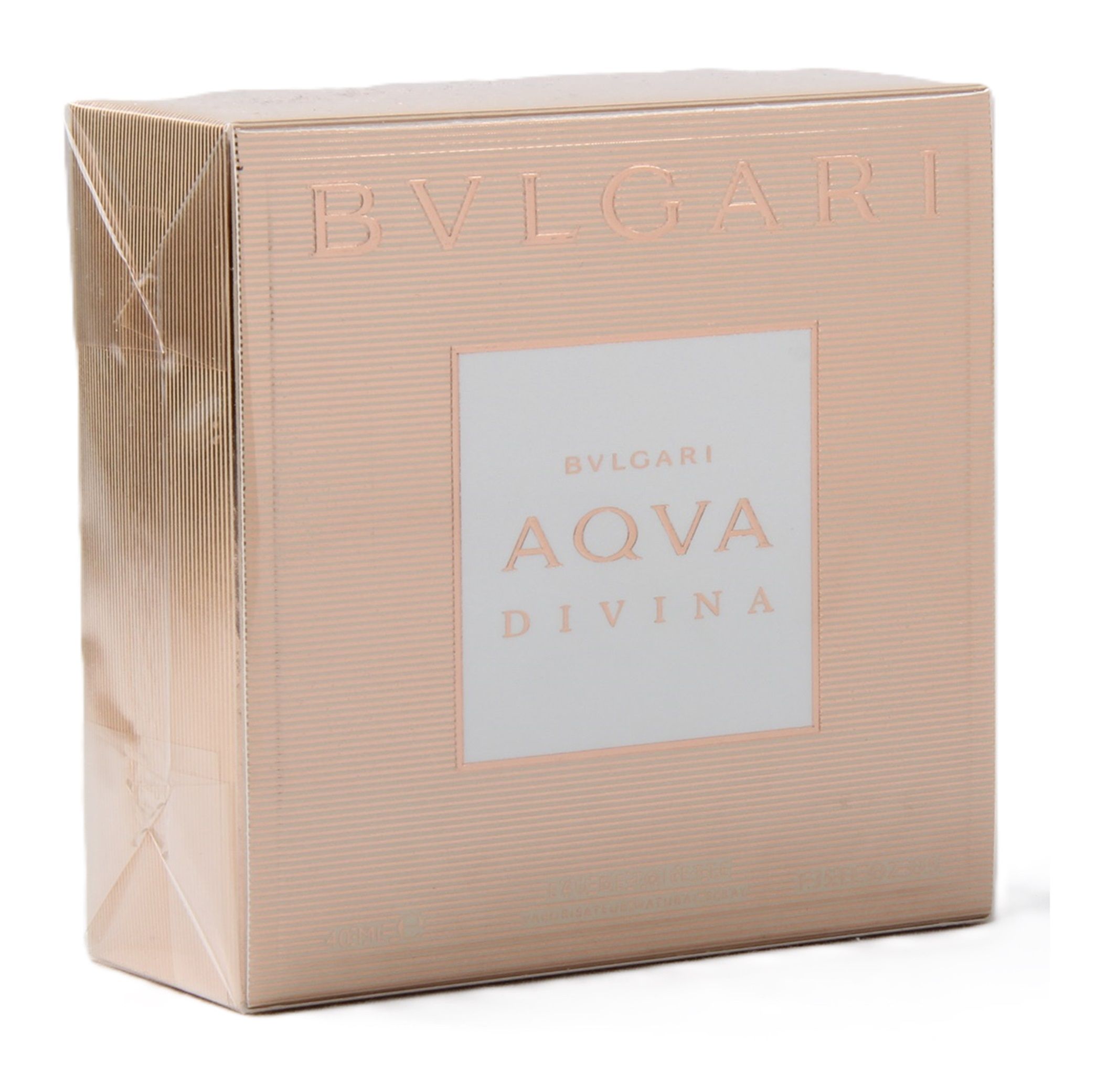 Boîte rose avec inscription "BVLGARI AQVA DIVINA". La boîte est rectangulaire et emballée dans du film.
