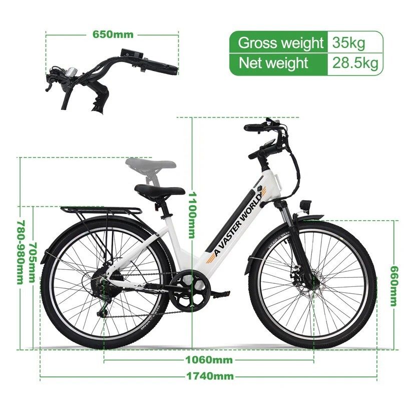 Witte elektrische fiets met afmetingen. Brutogewicht 35 kg, nettogewicht 28,5 kg. Afmetingen in mm.