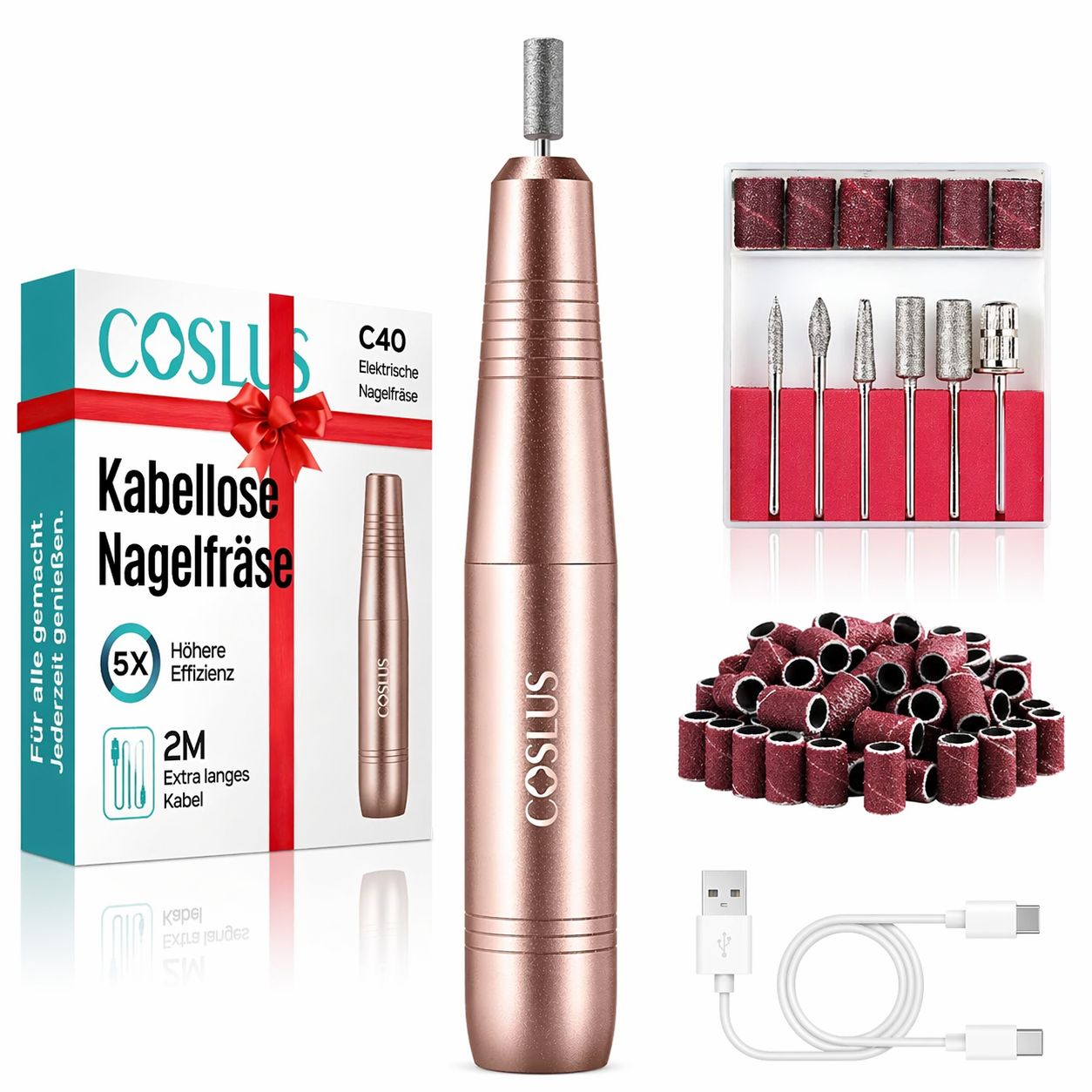Nagelfrees set met accessoires. Roségouden handstuk, COSLUS-logo. Verpakking, frezen, schuurhulzen, USB-kabel.