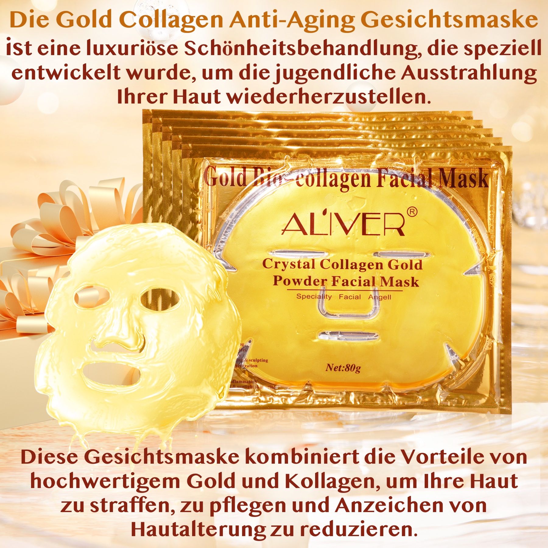 Gouden gezichtsmasker en verpakking. Opschrift: ALIVER Crystal Collagen Gold Powder Facial Mask.