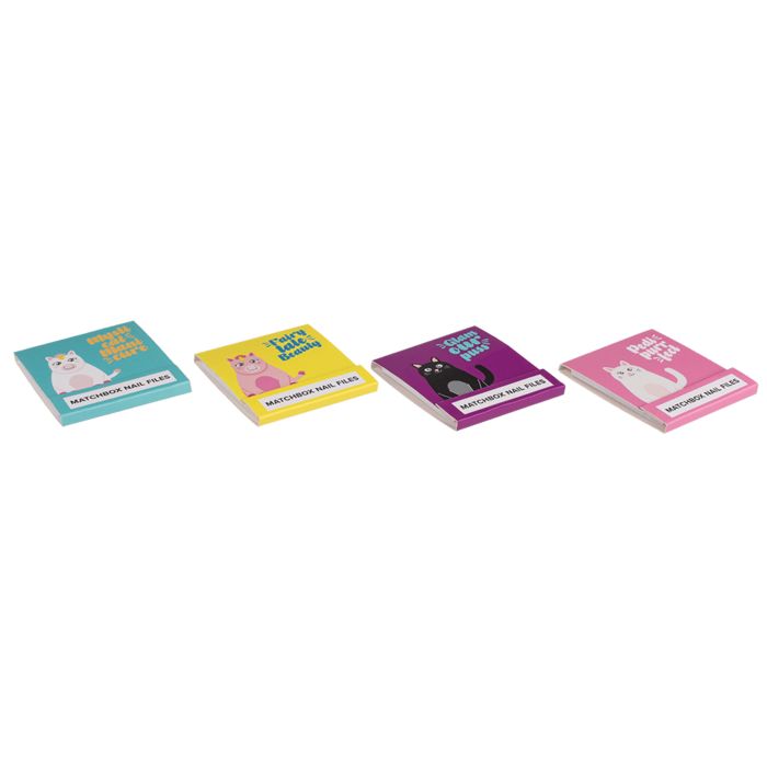 Vier doosjes met nagelvijlen. Elk doosje toont een kattenmotief en het opschrift MATCHBOX NAIL FILES.