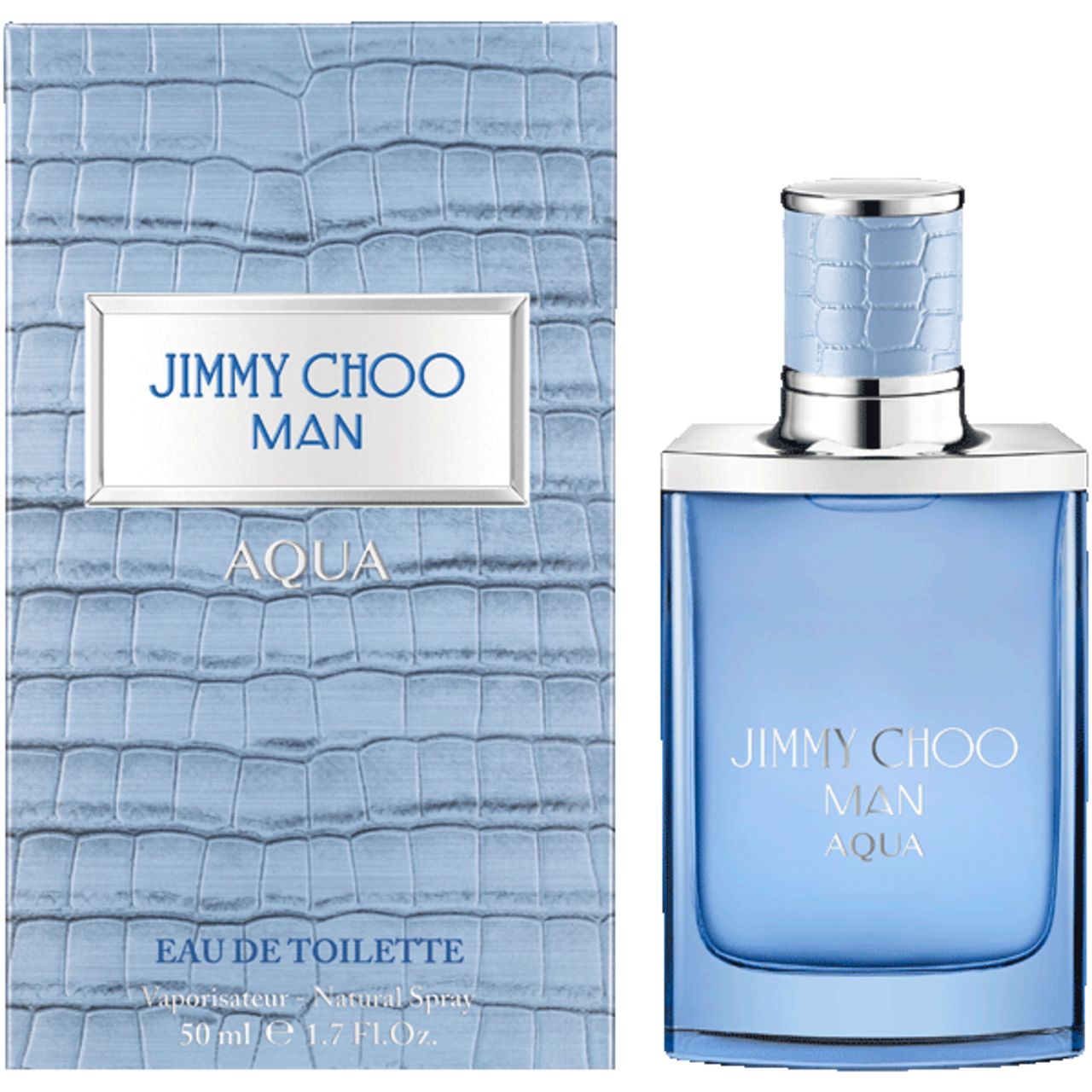 Flacon et emballage Jimmy Choo Man Aqua Eau de Toilette avec texture cuir de crocodile.