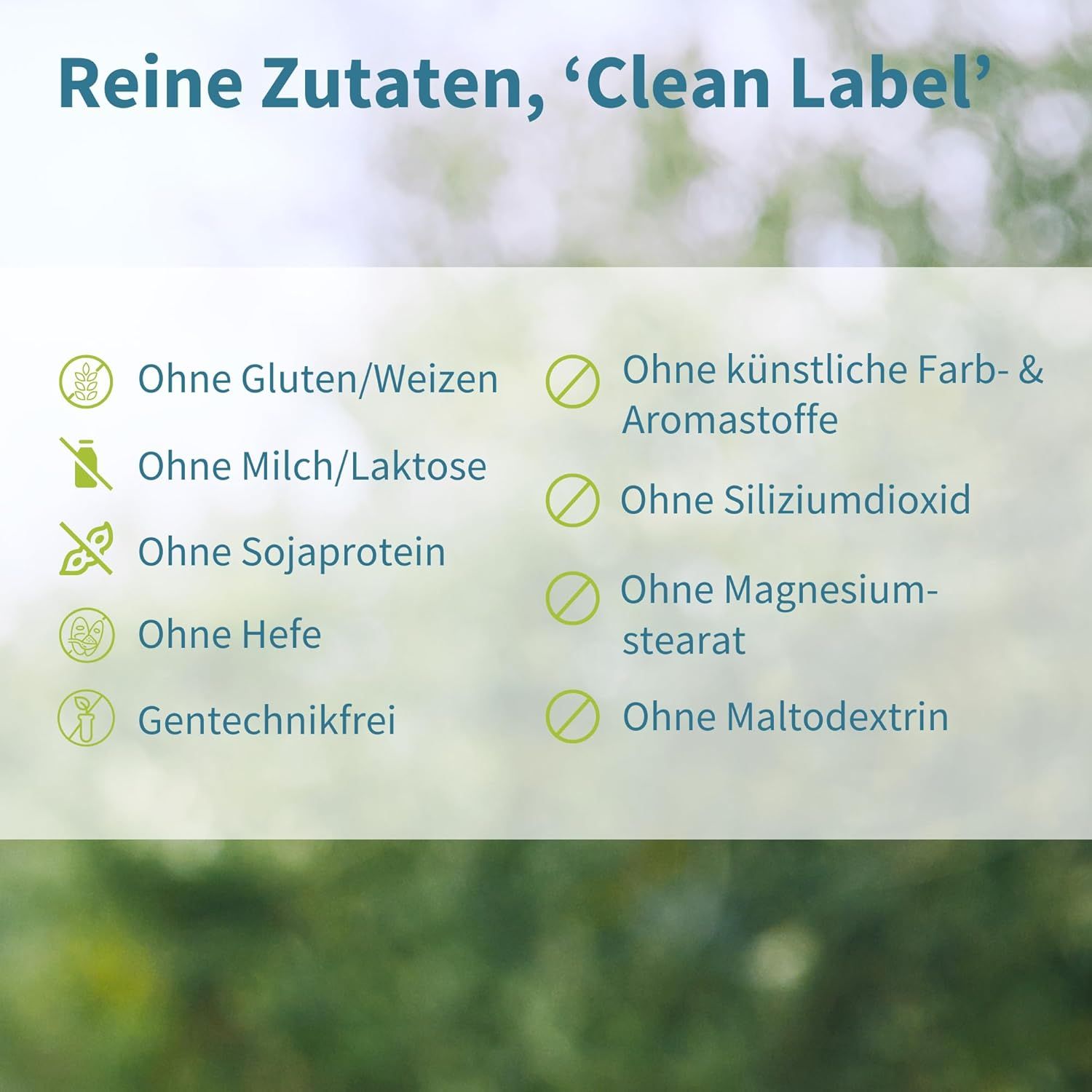 Liste des ingrédients. Sans gluten/blé, lait/lactose, protéines de soja, levure, OGM.