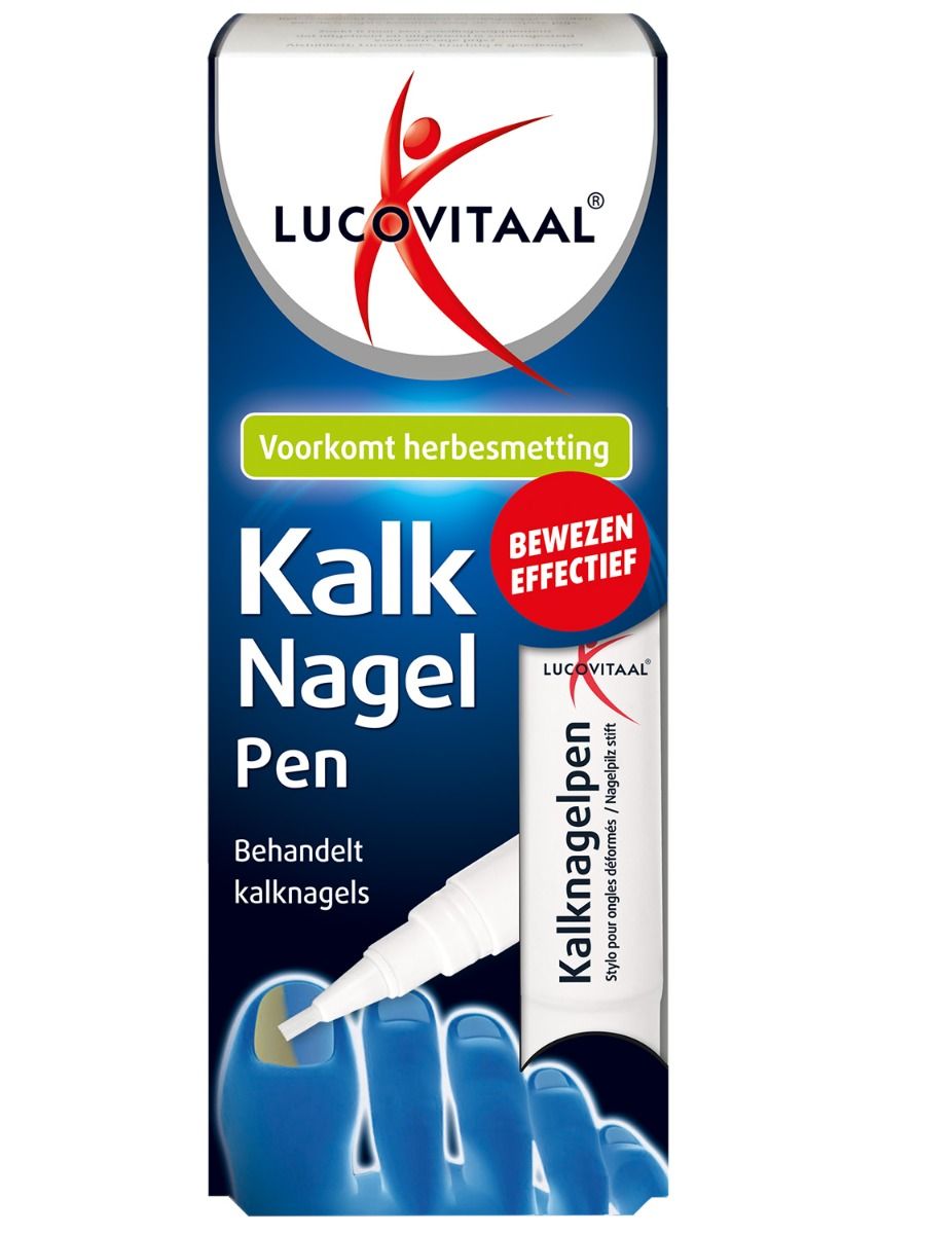 Verpakking van Kalknagelpen. Toont productnaam, merk en voorbeeld van toepassing op een blauwe achtergrond.