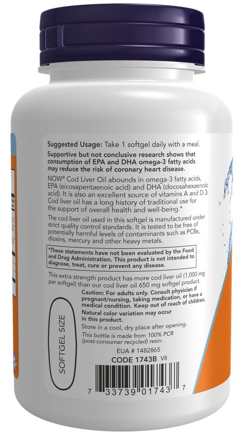 Achterkant fles. Oranje etiket met tekst: Softgel Size, aanbevolen dosering, waarschuwingen, barcode.