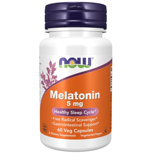 Now Foods Melatonine 5 mg capsules voor een gezonde slaapcyclus.